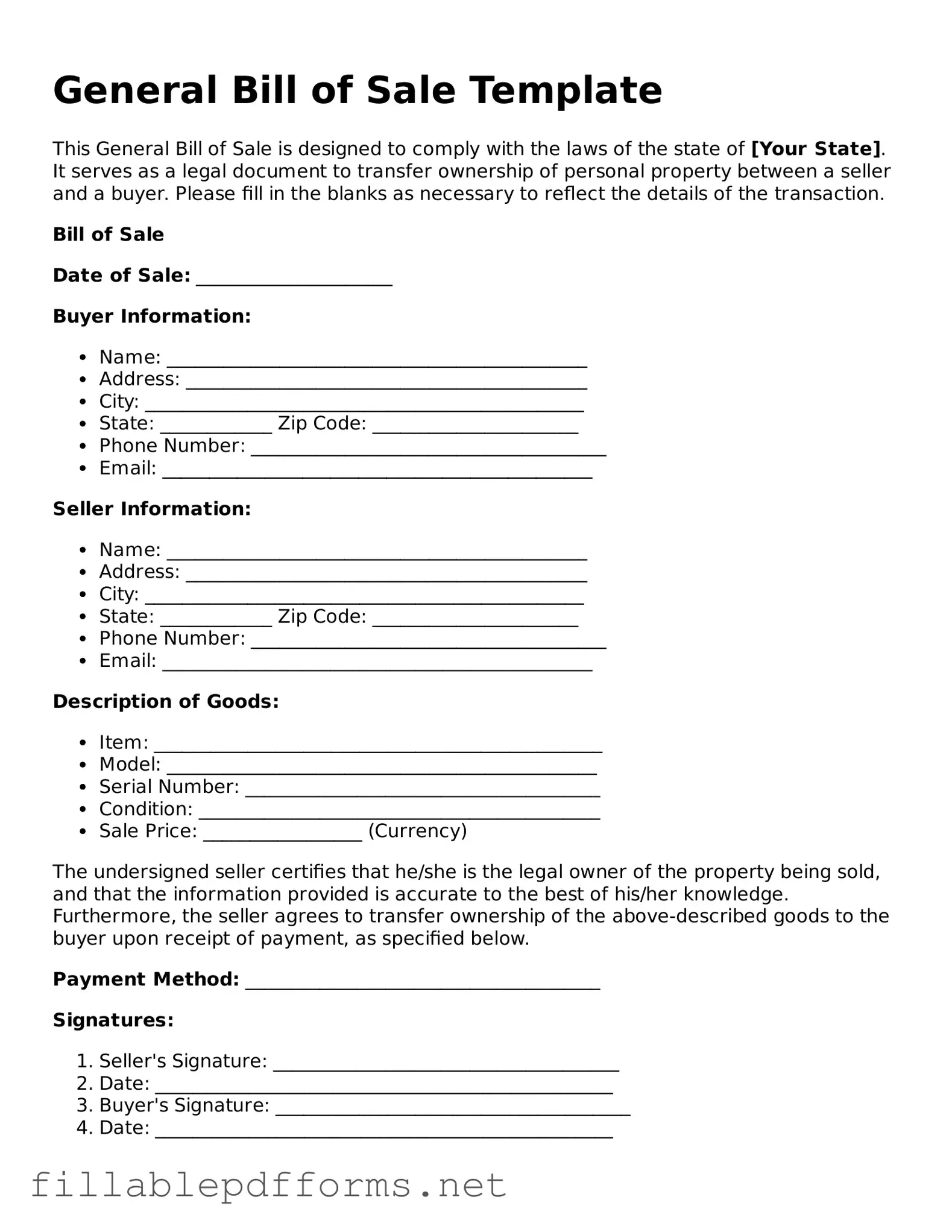 Blank General Bill of Sale Template