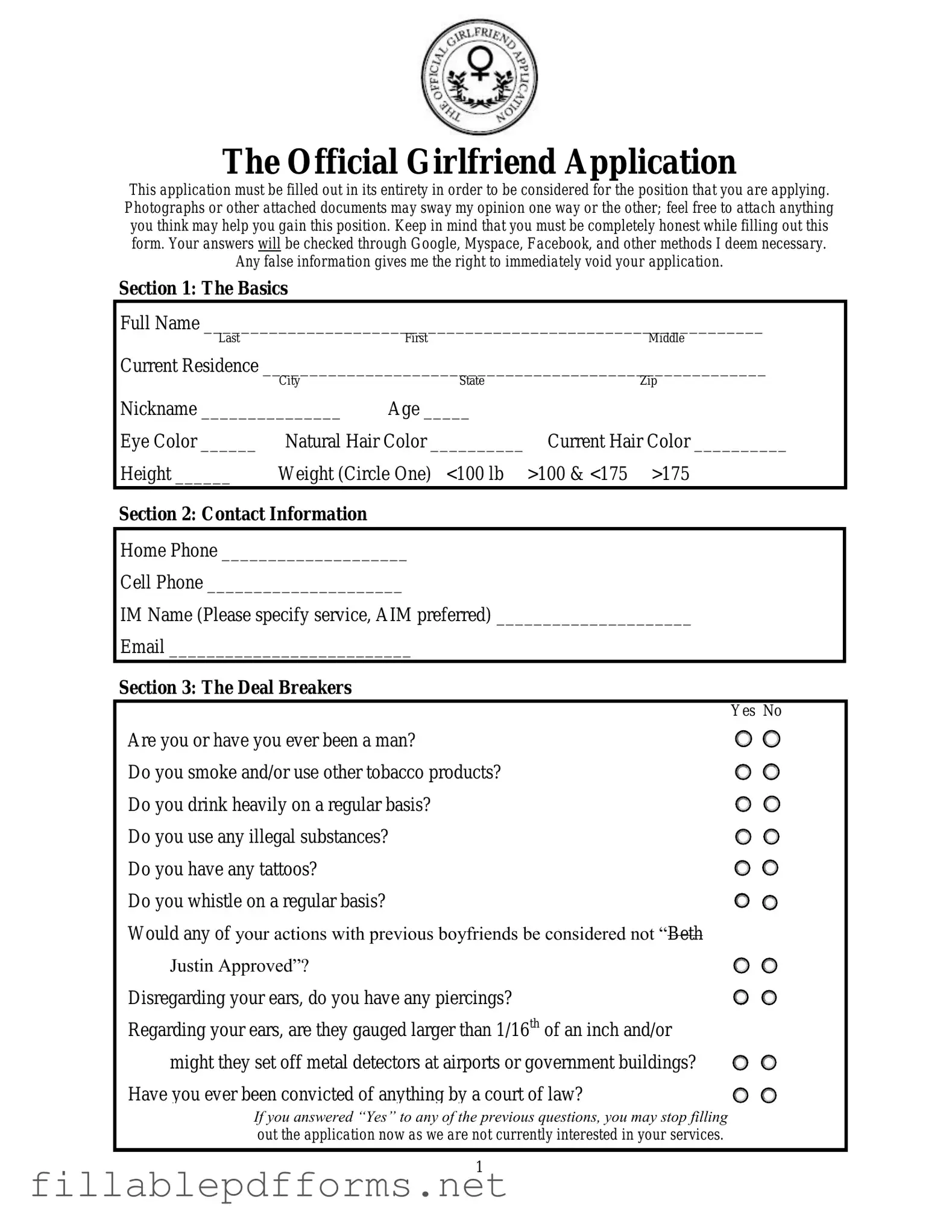 Girlfriend Application PDF Template