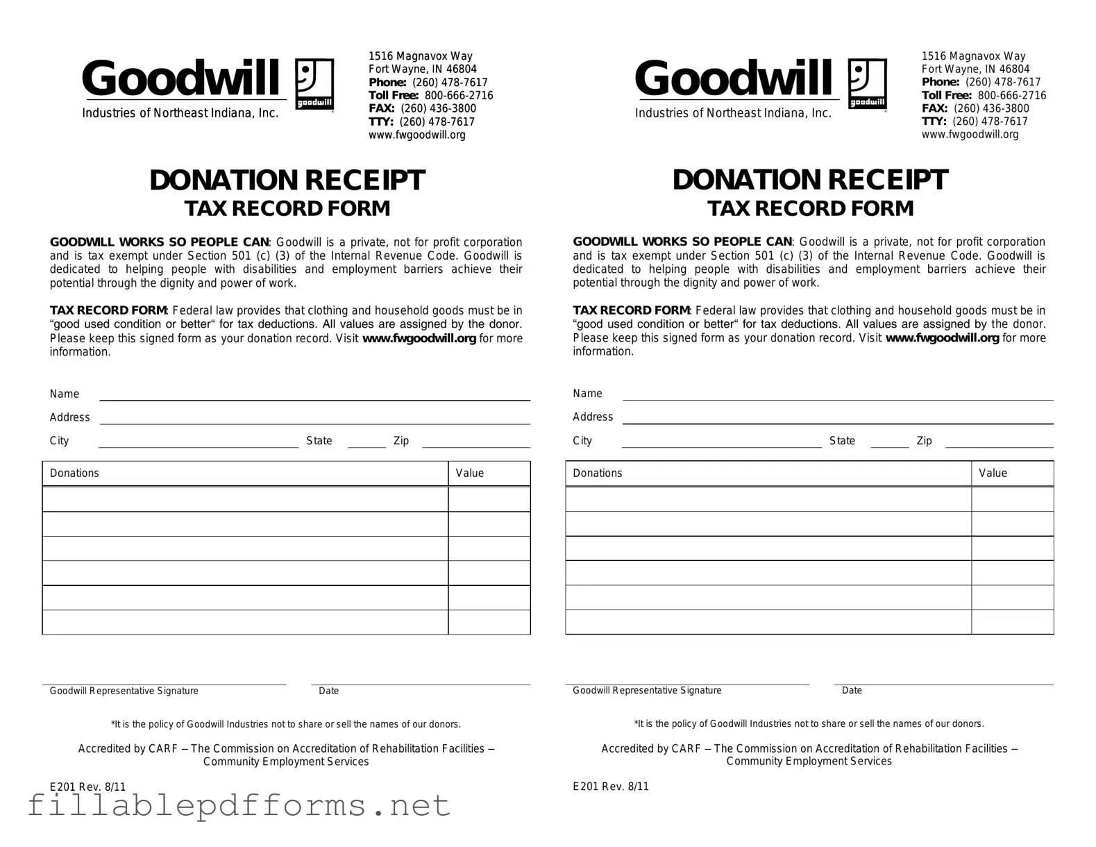 Goodwill donation receipt PDF Template
