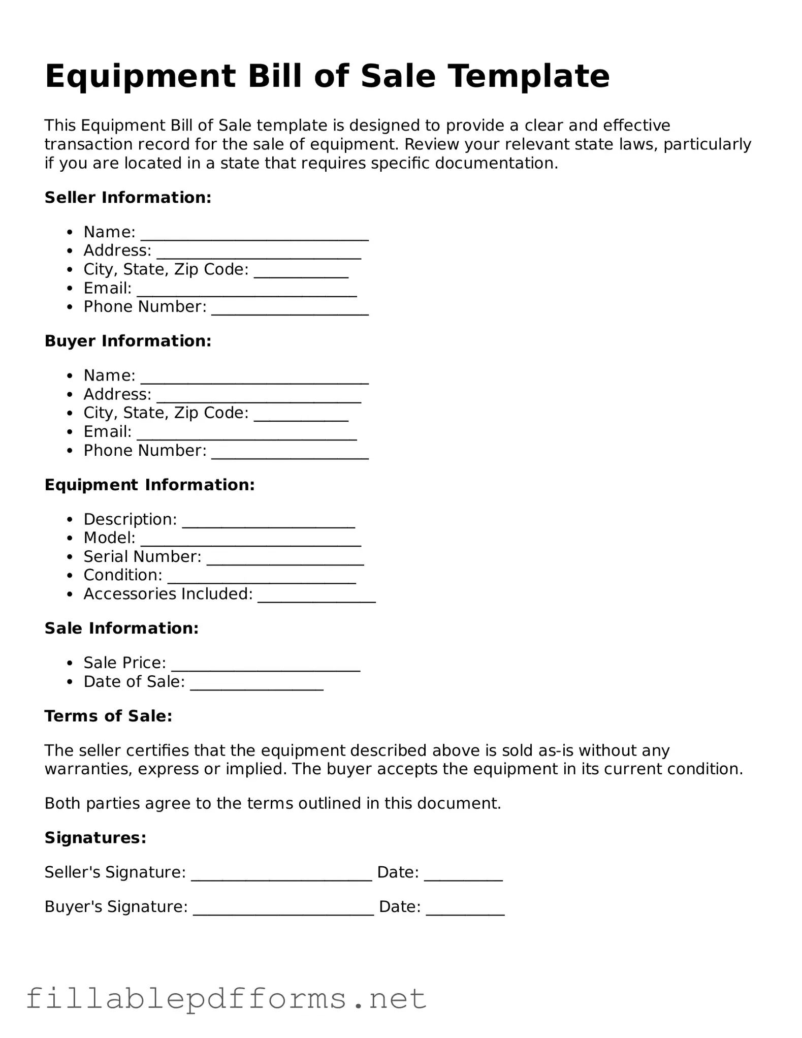 Blank Equipment Bill of Sale Template