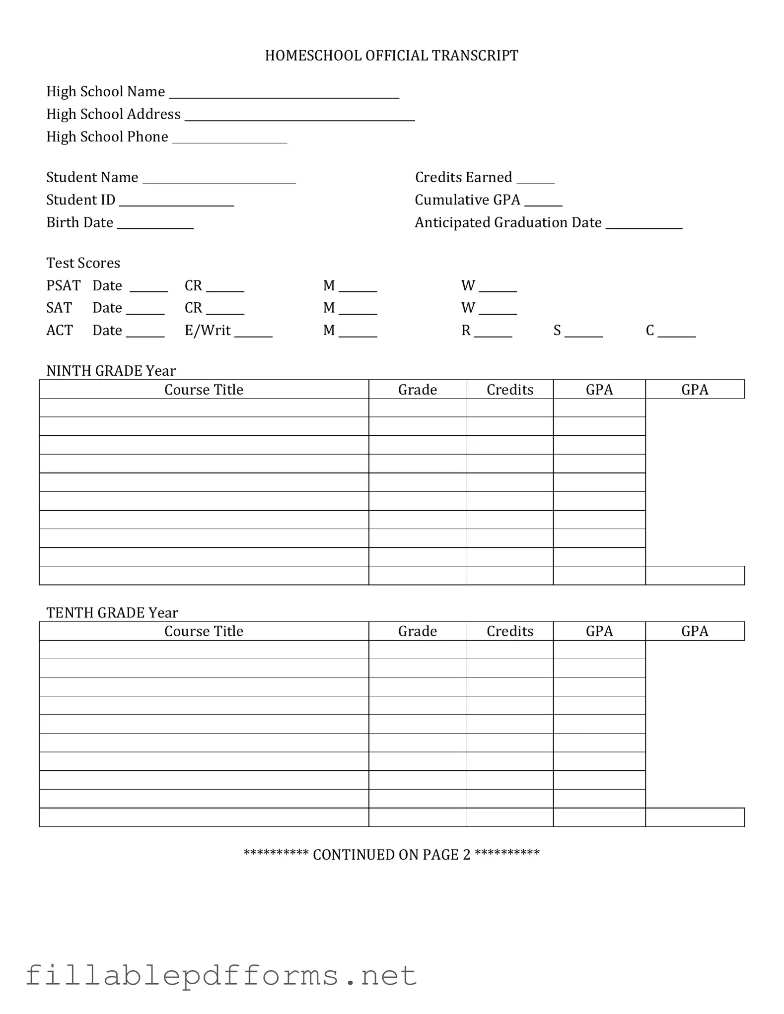 High School Transcript PDF Template