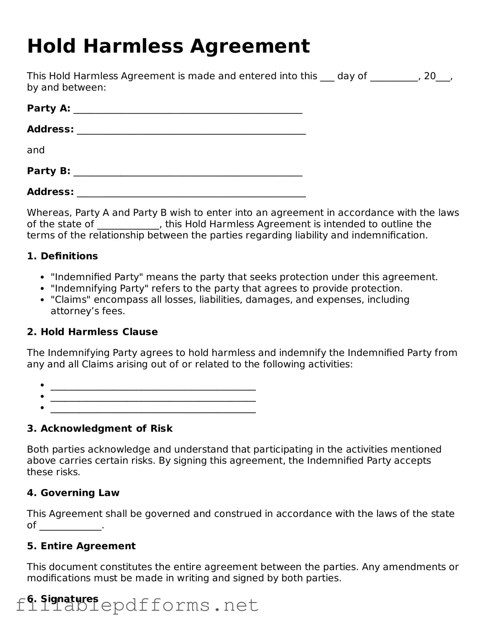 Blank Hold Harmless Agreement Template