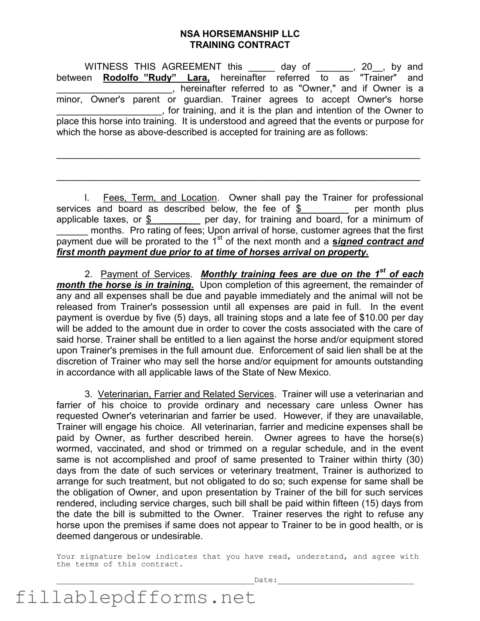 Horse Training Contract PDF Template