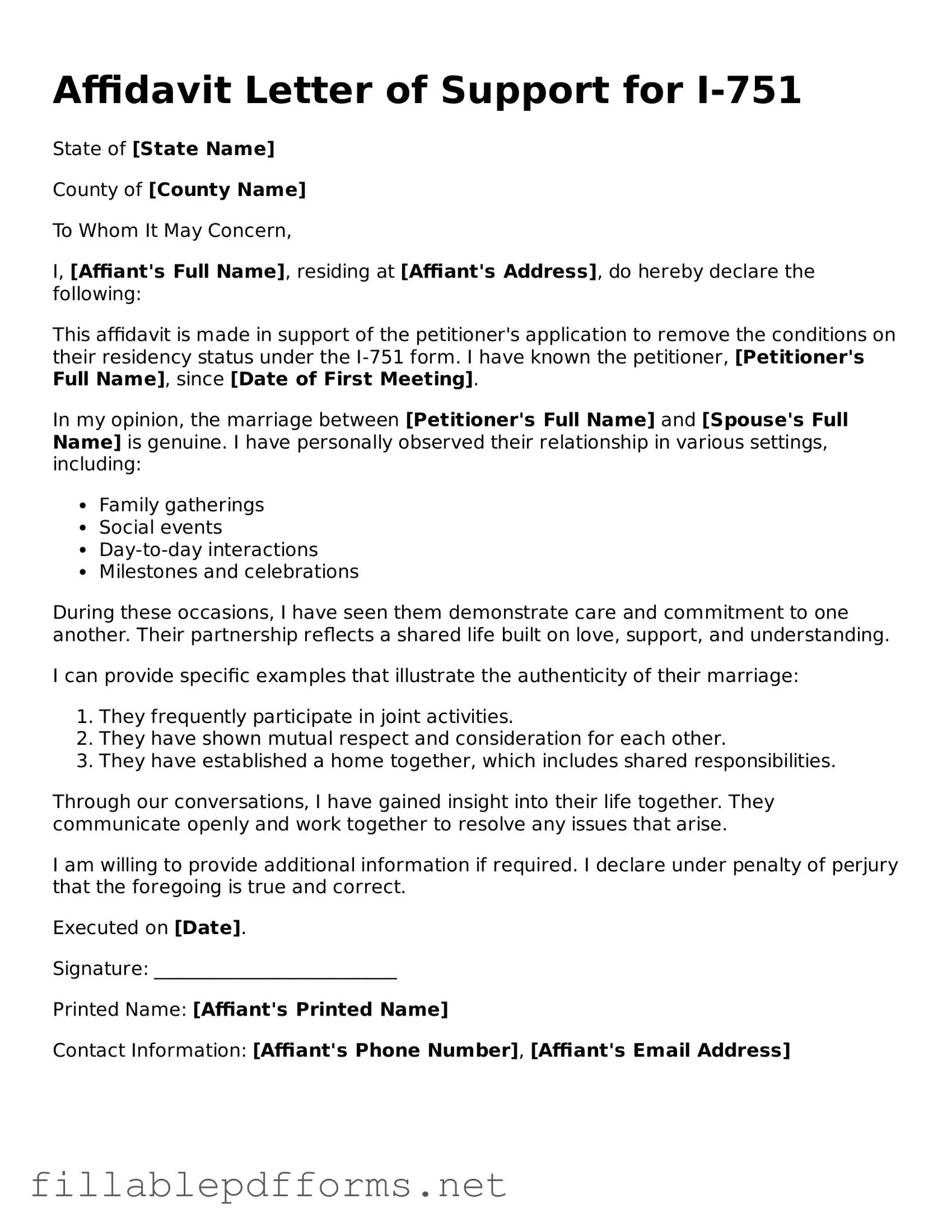 Blank Affidavit Letter of Support for I-751 Template