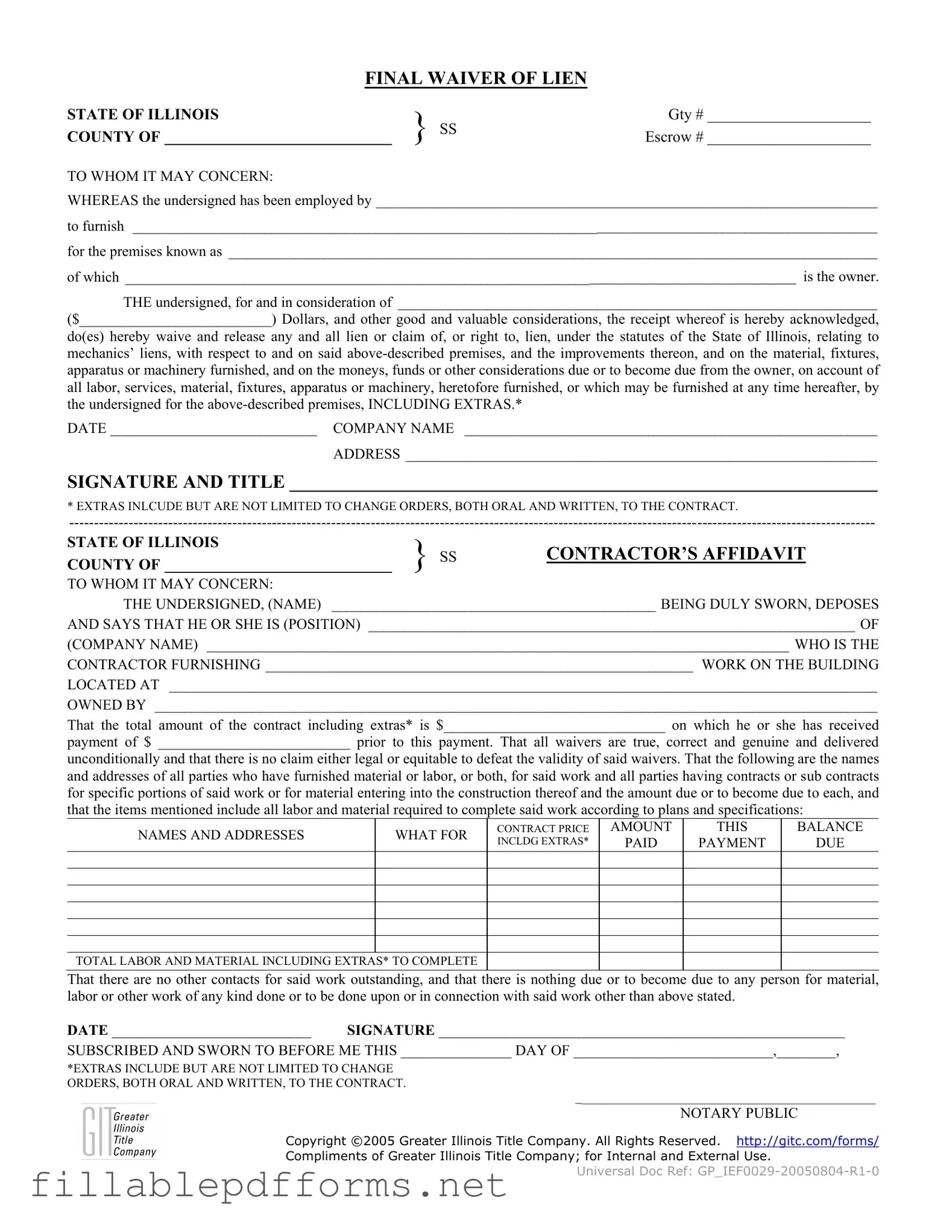 Illinois Final Waiver Of Lien PDF Template