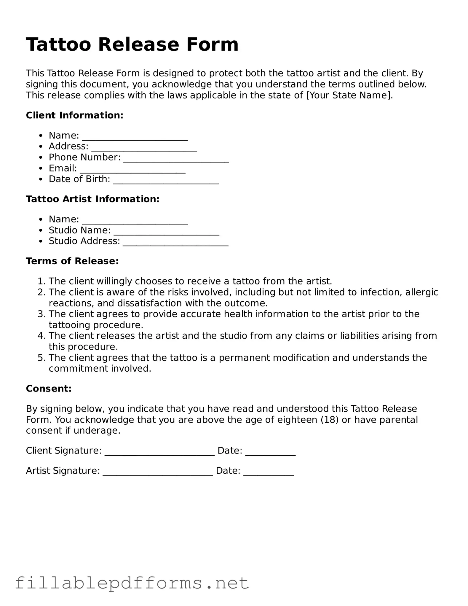 Blank Tattoo Release Template