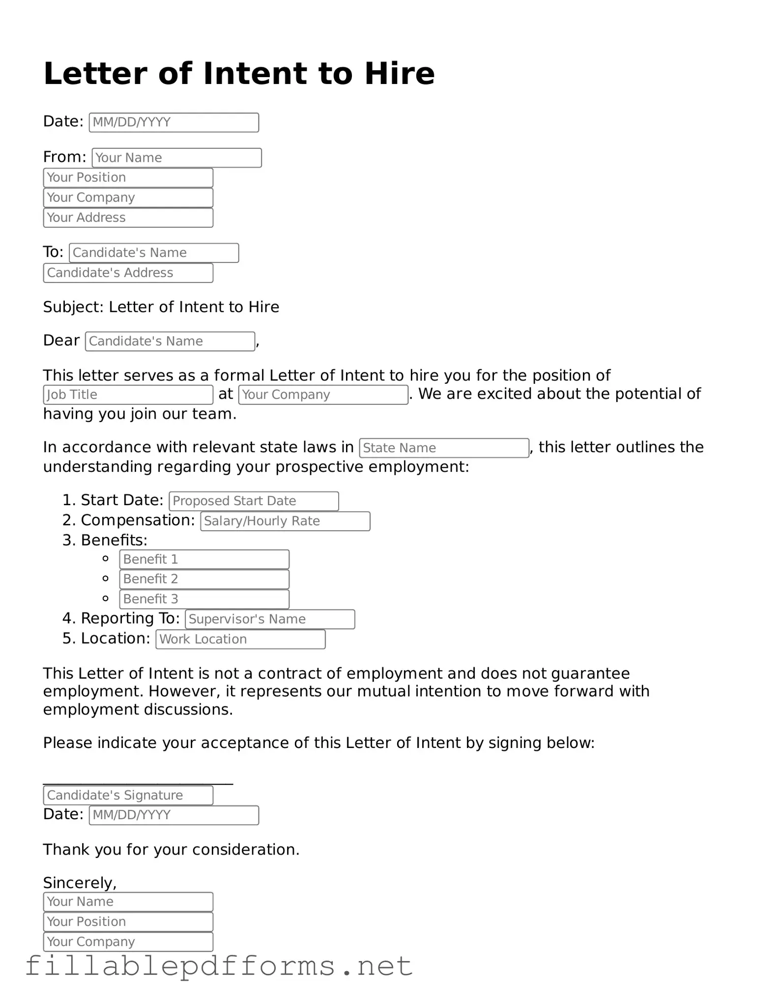 Blank Letter of Intent to Hire Template