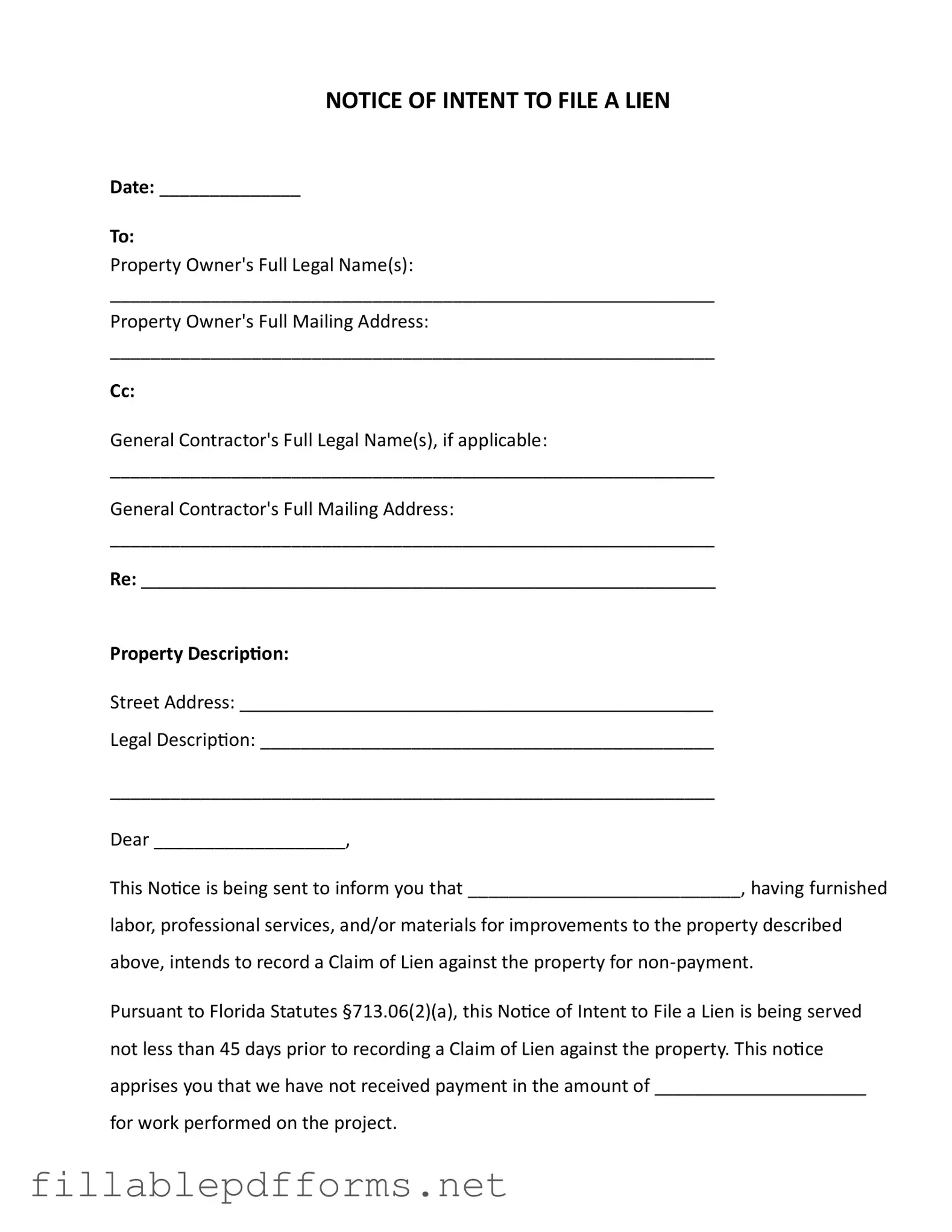 Intent To Lien Florida PDF Template