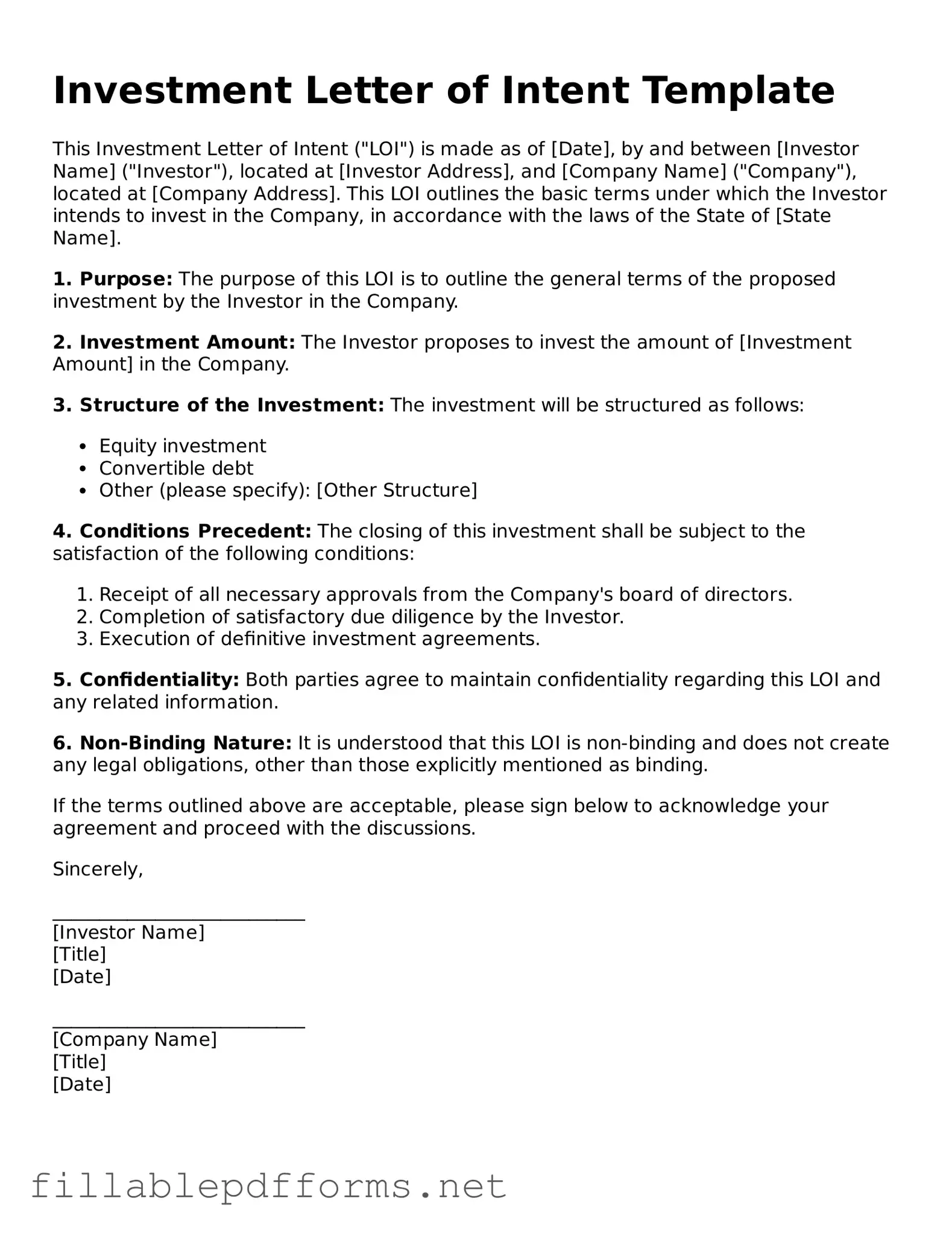 Blank Investment Letter of Intent Template
