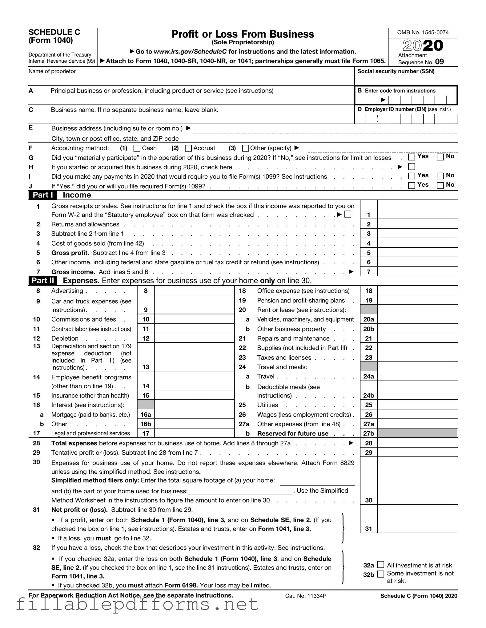 IRS Schedule C 1040 PDF Template