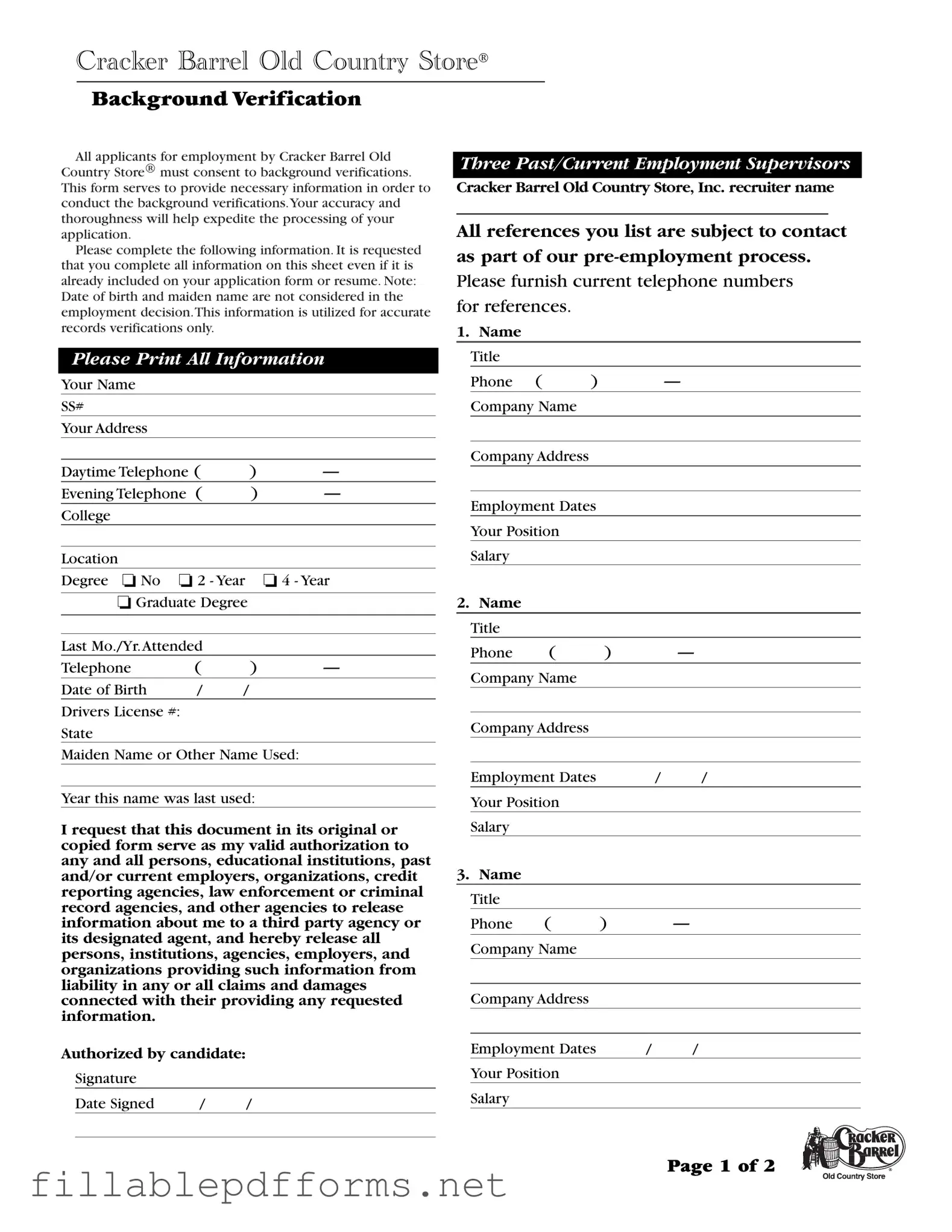Cracker Barrel Background Check PDF Template