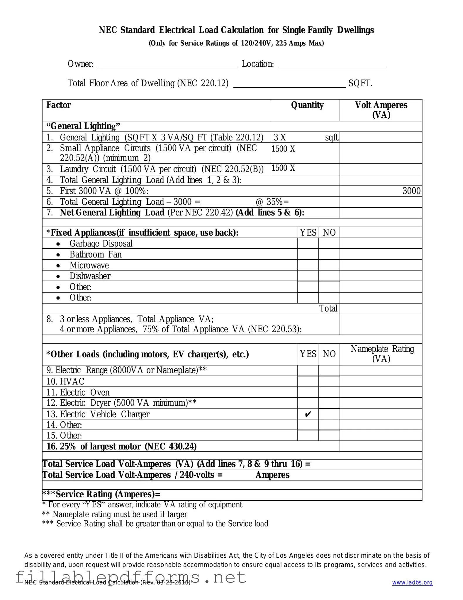 LADBS NEC Standard Electrical Load Calculation PDF Template