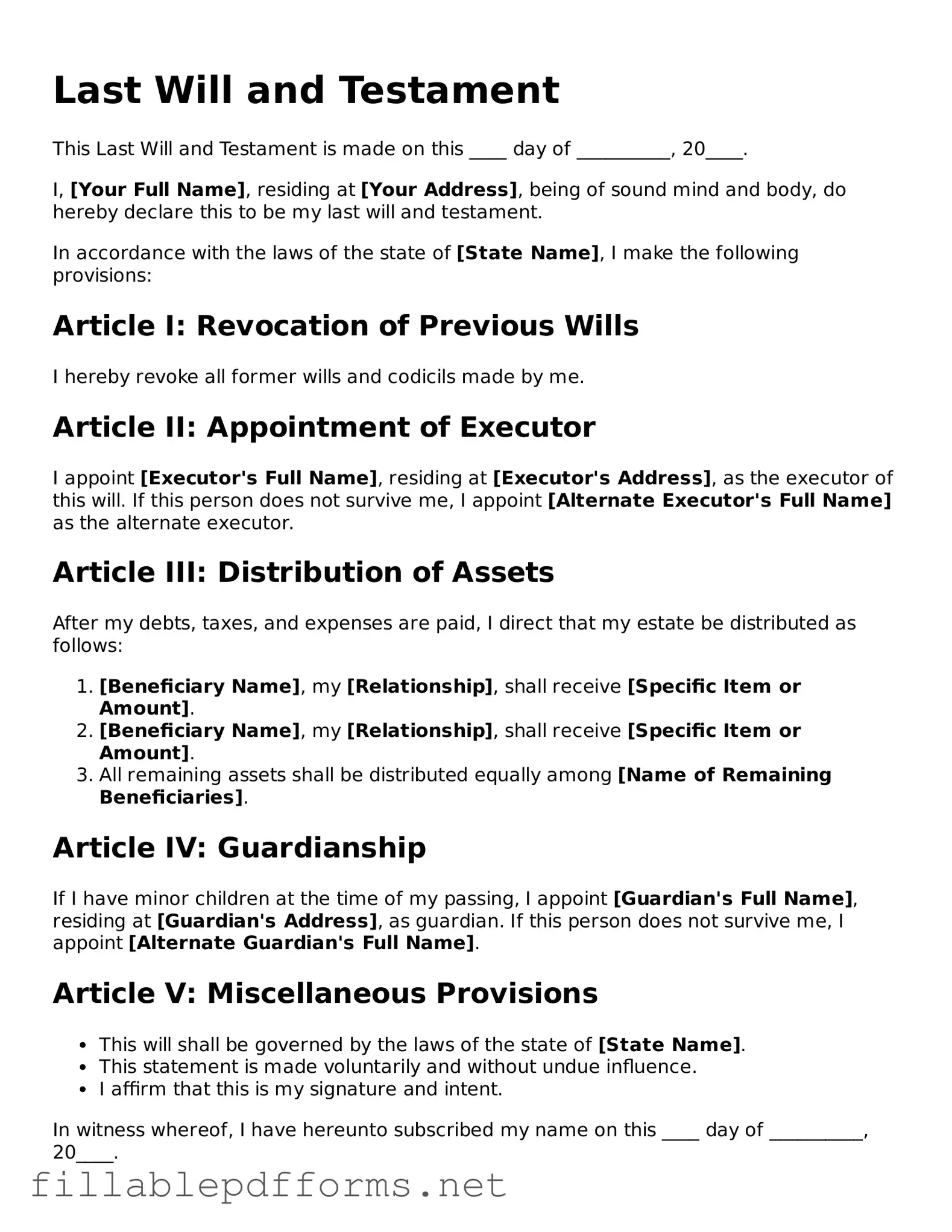 Blank Last Will and Testament Template