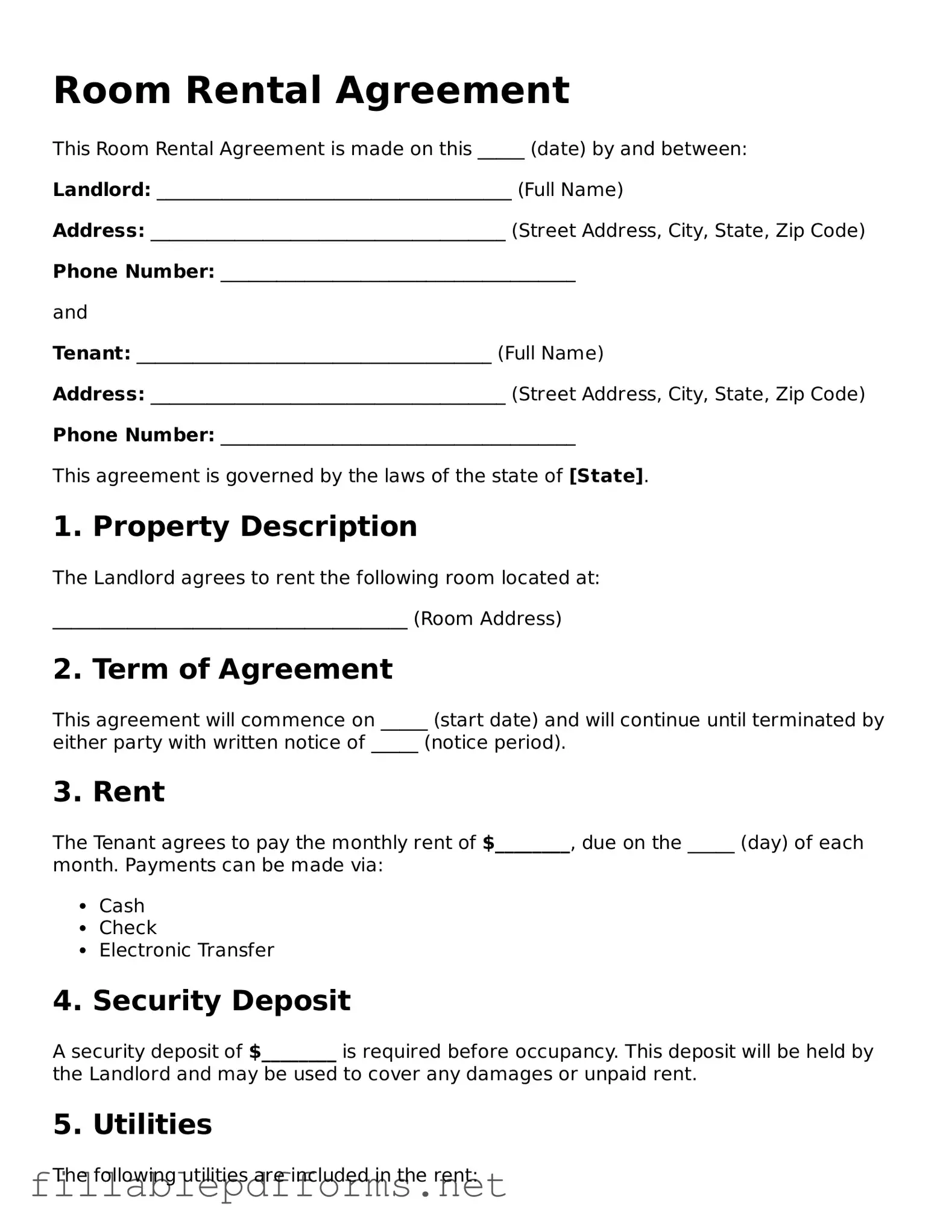 Blank Room Rental Agreement Template