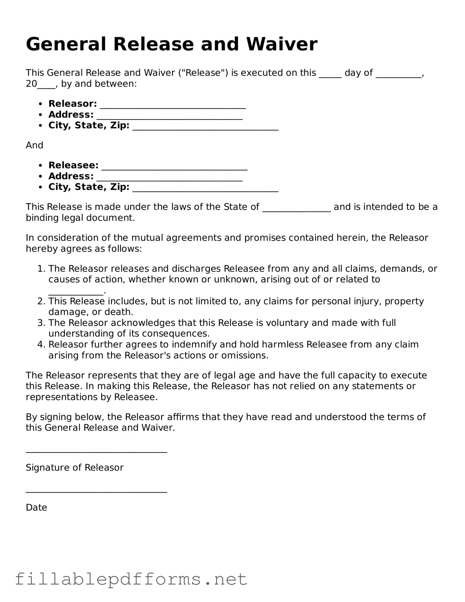 Blank General Release and Waiver Template