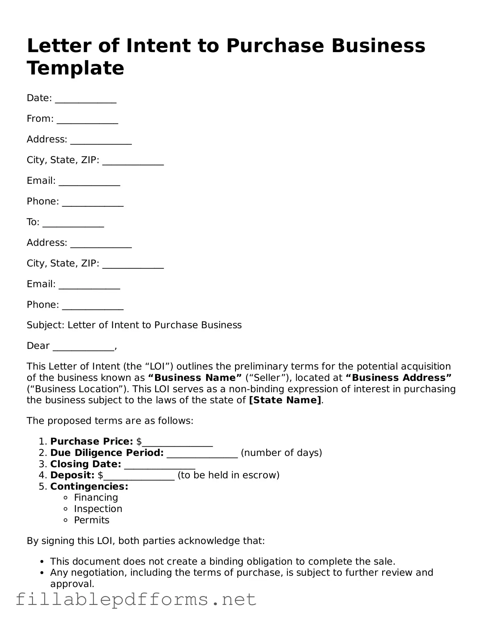 Blank Letter of Intent to Purchase Business Template