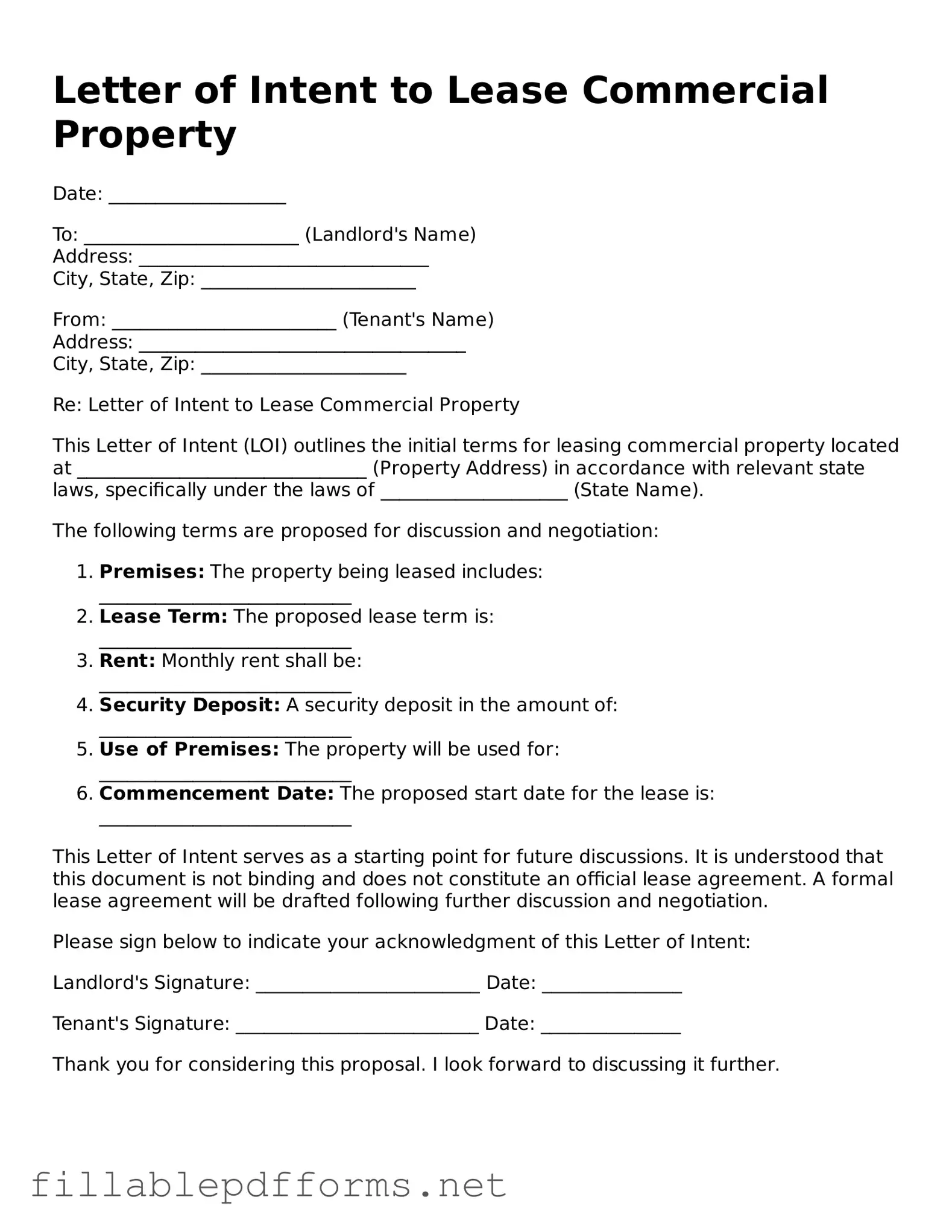 Blank Letter of Intent to Lease Commercial Property Template