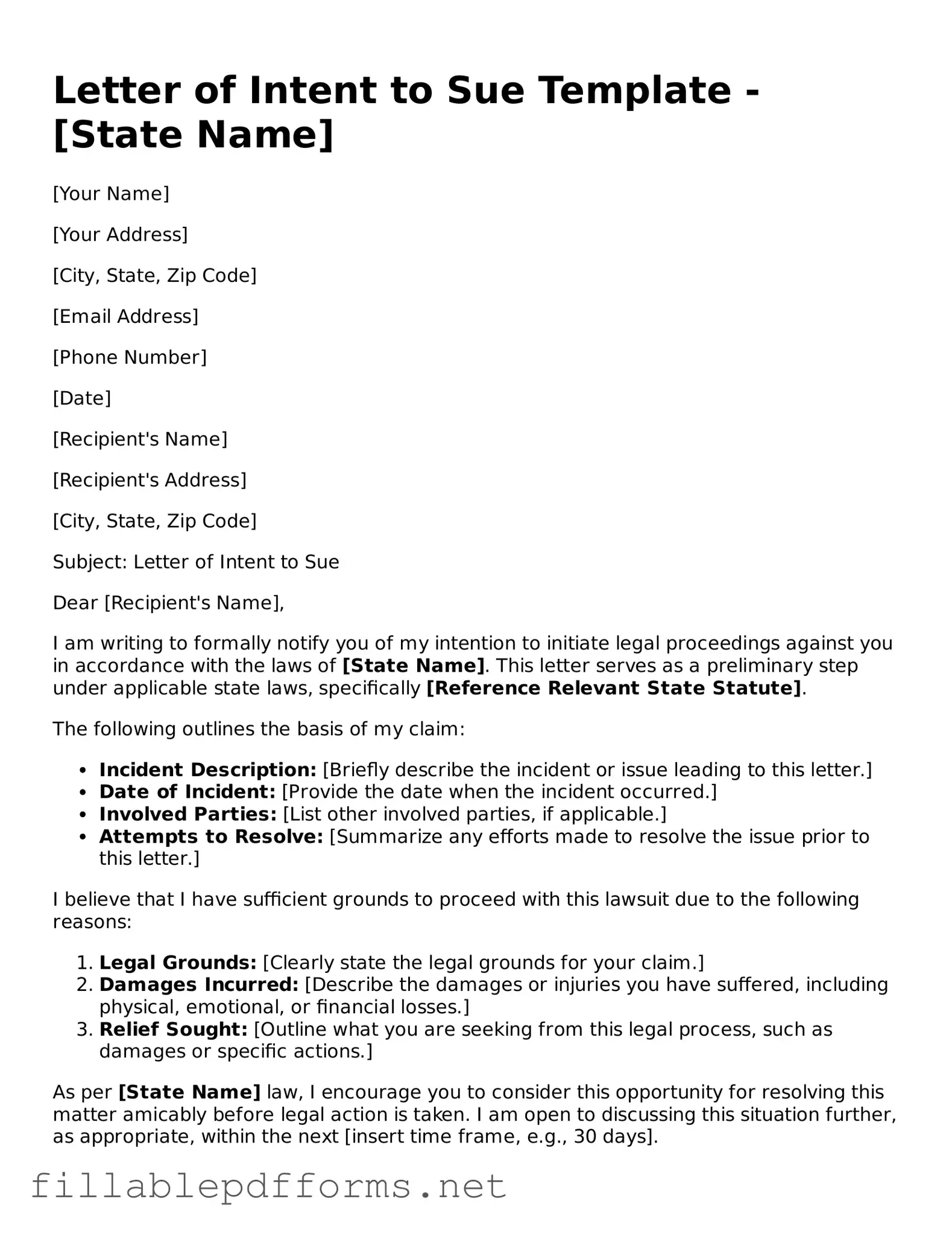 Blank Letter of Intent to Sue Template