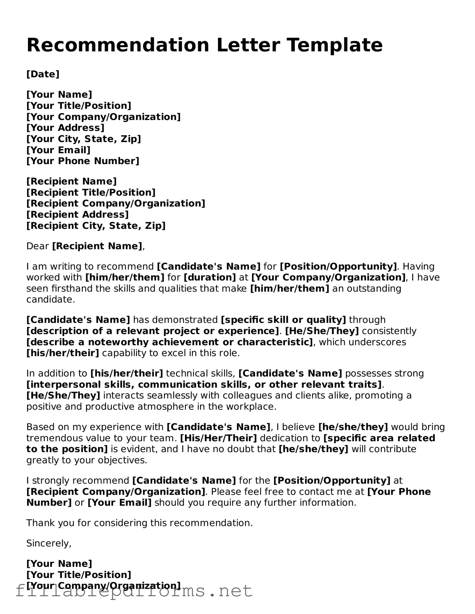 Blank Recommendation Letter Template