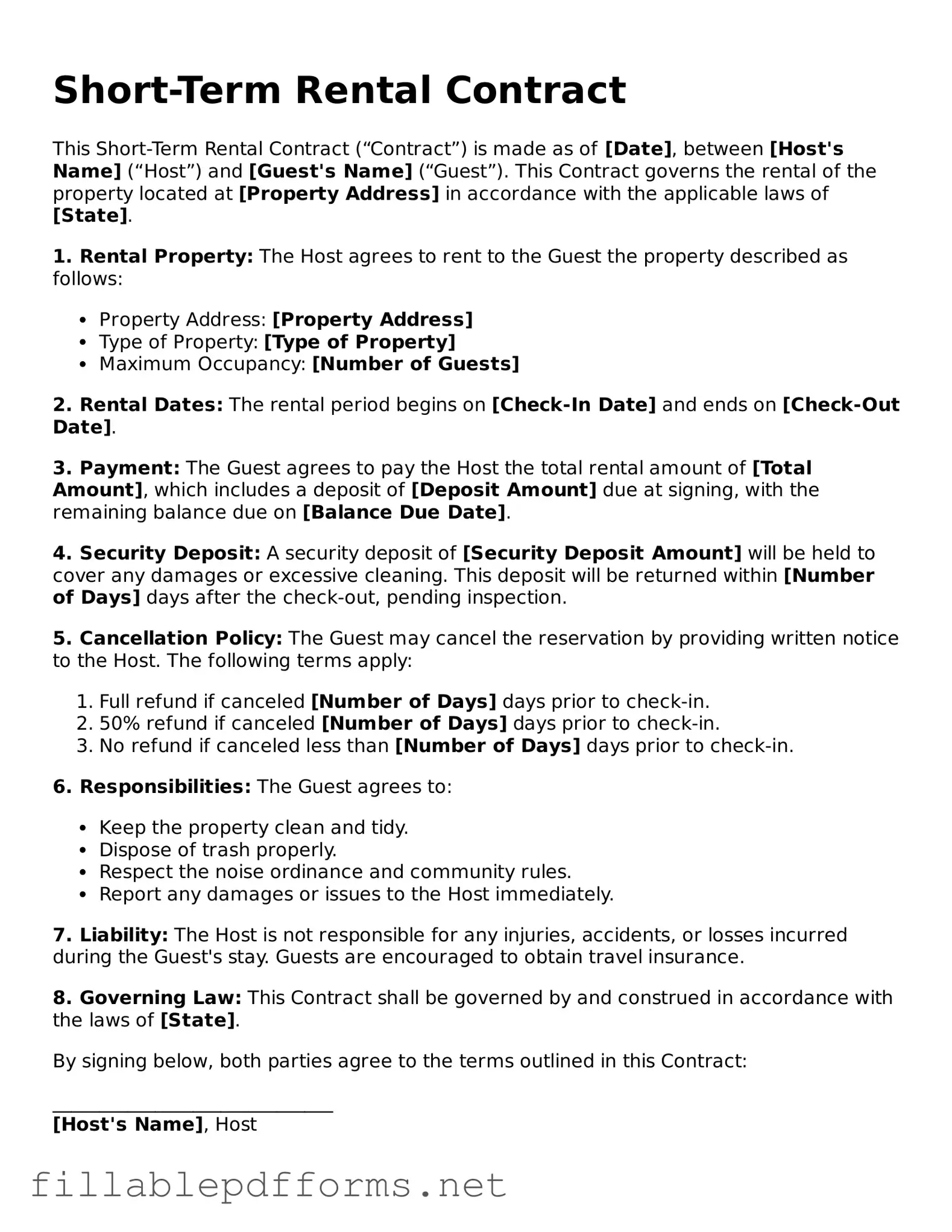 Blank Short-Term Rental Contract Template