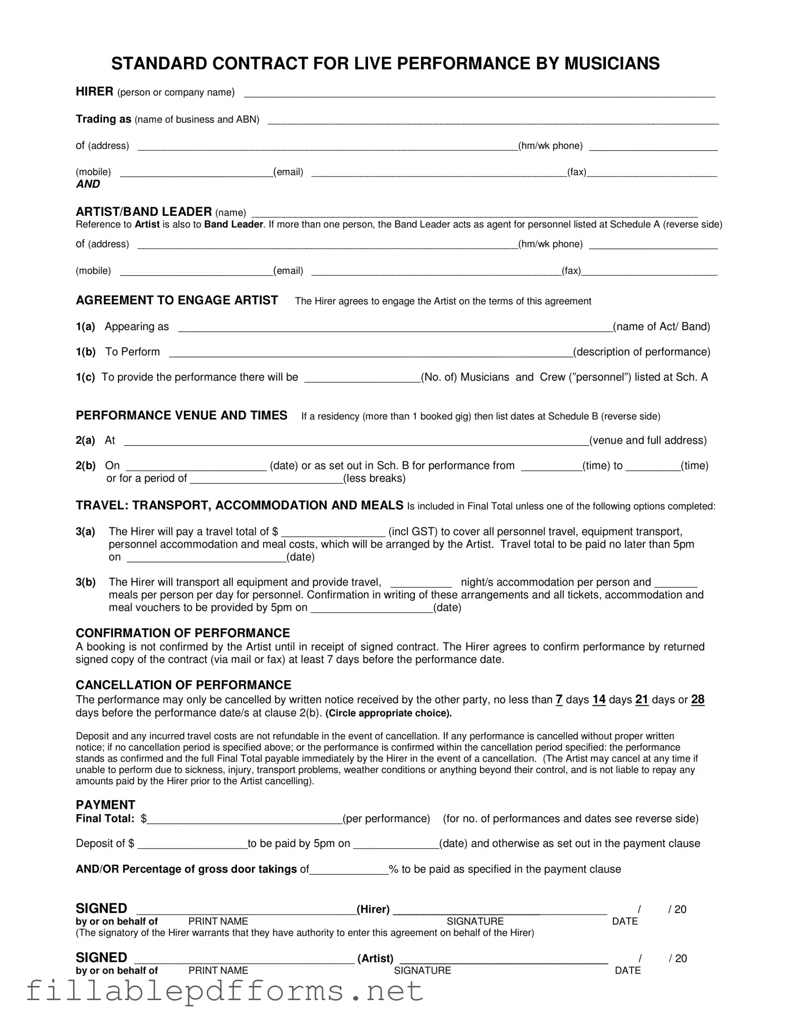 Live Performance Contract PDF Template