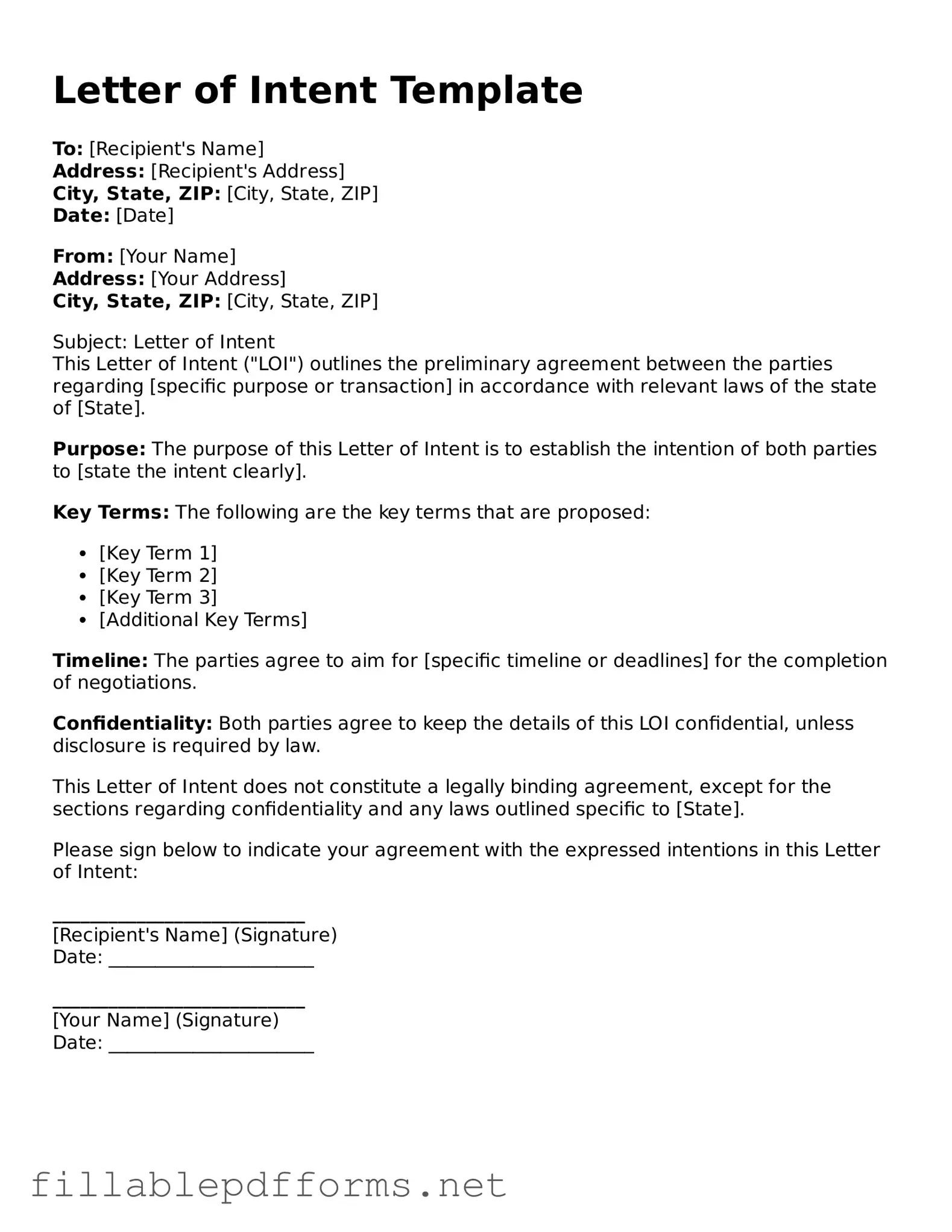 Blank Letter of Intent Template