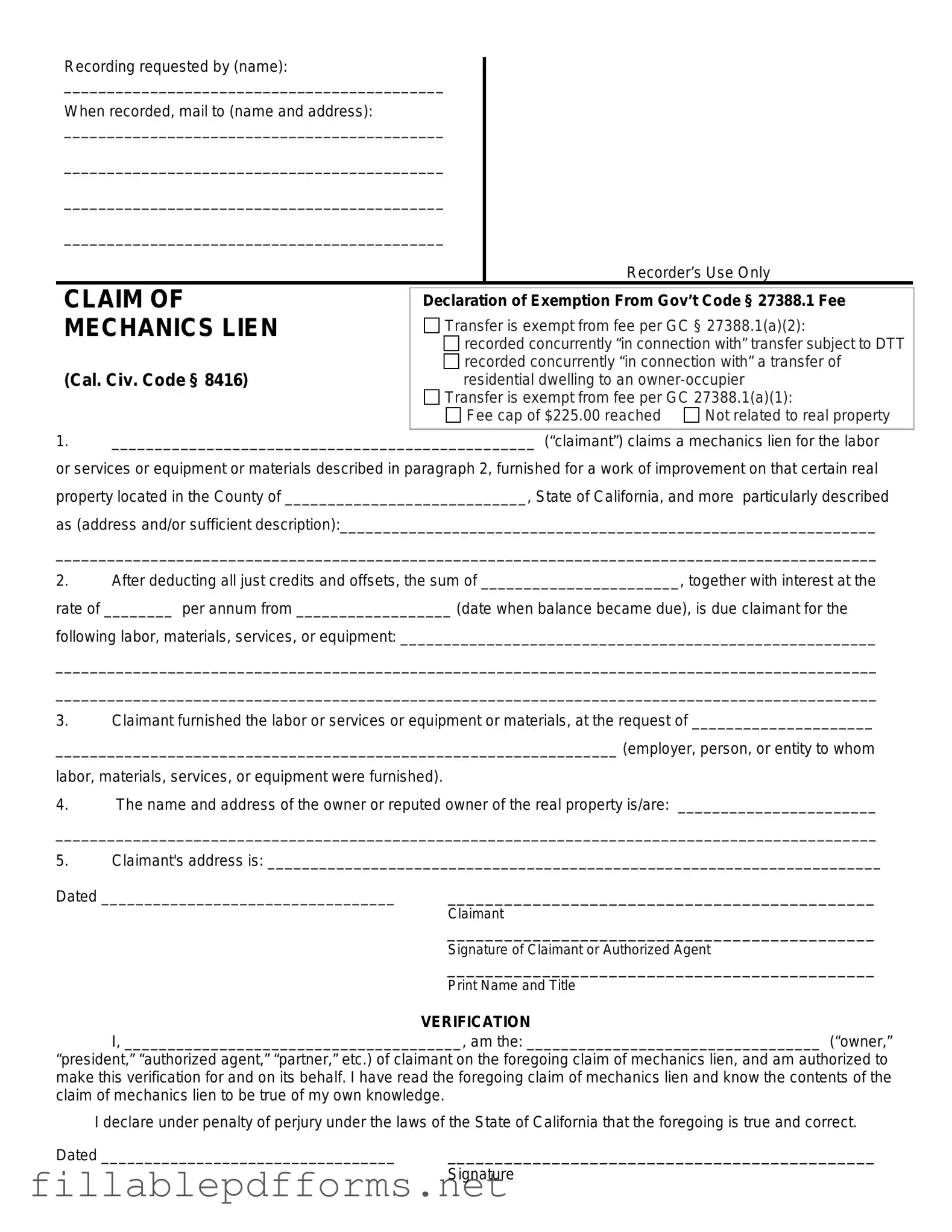 Mechanics Lien California PDF Template