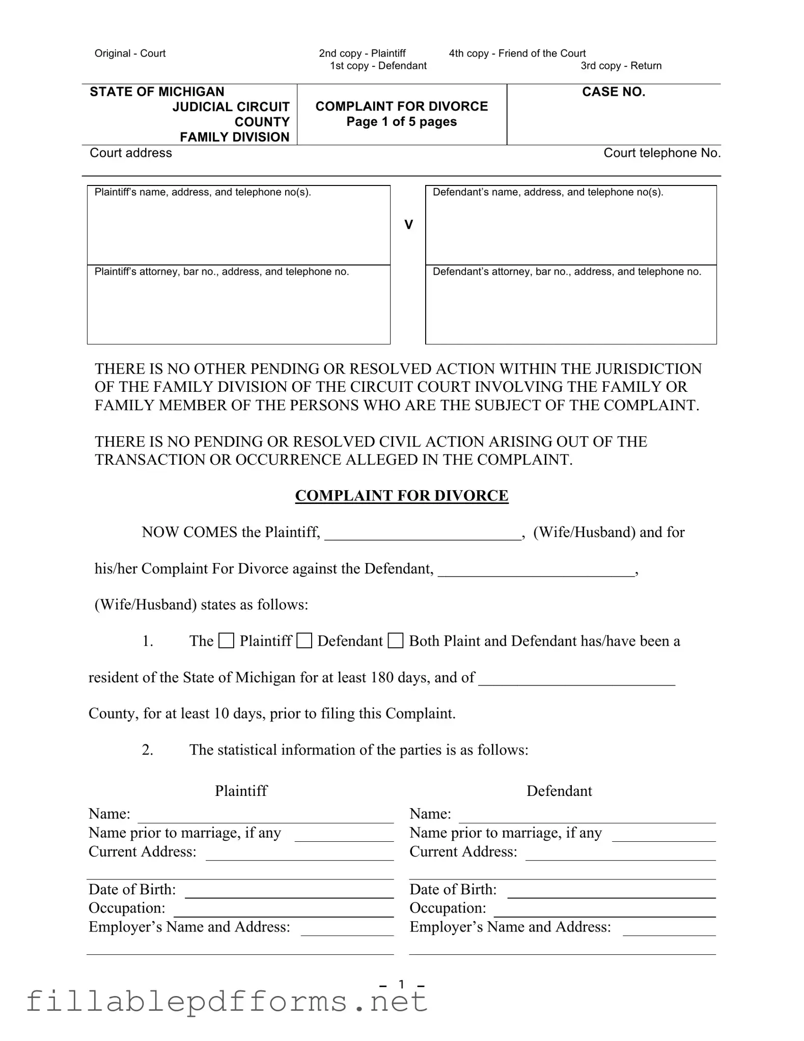 Michigan Complaint Divorce PDF Template