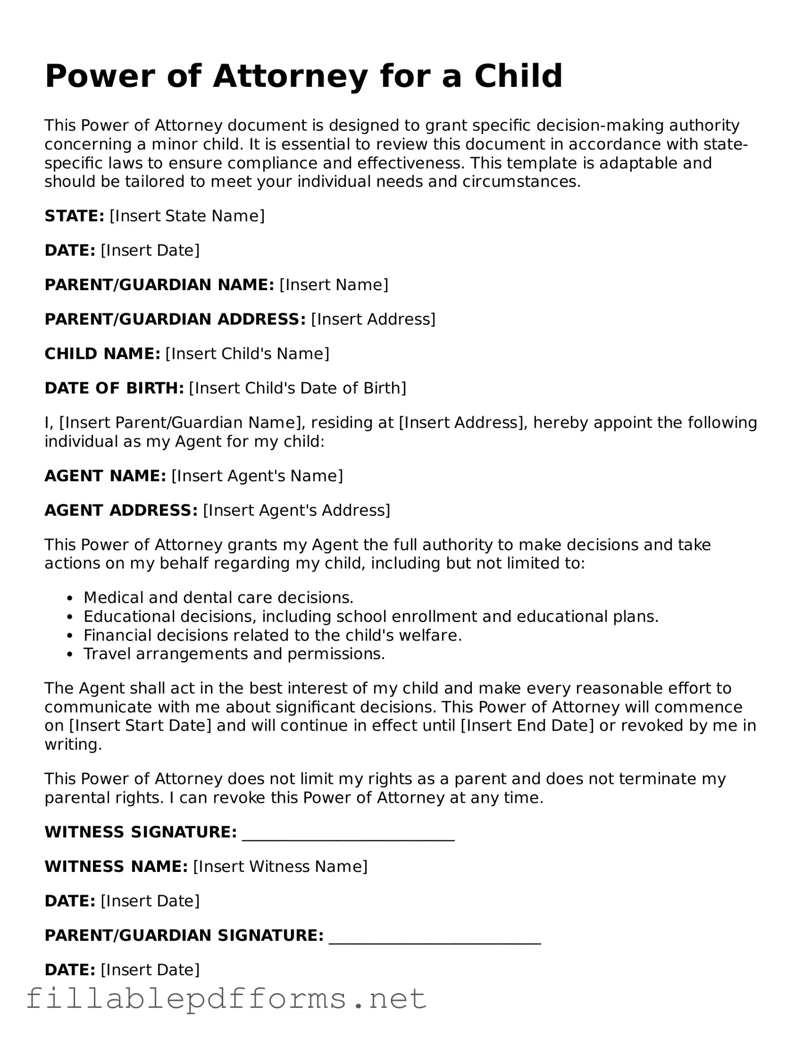 Blank Power of Attorney for a Child Template