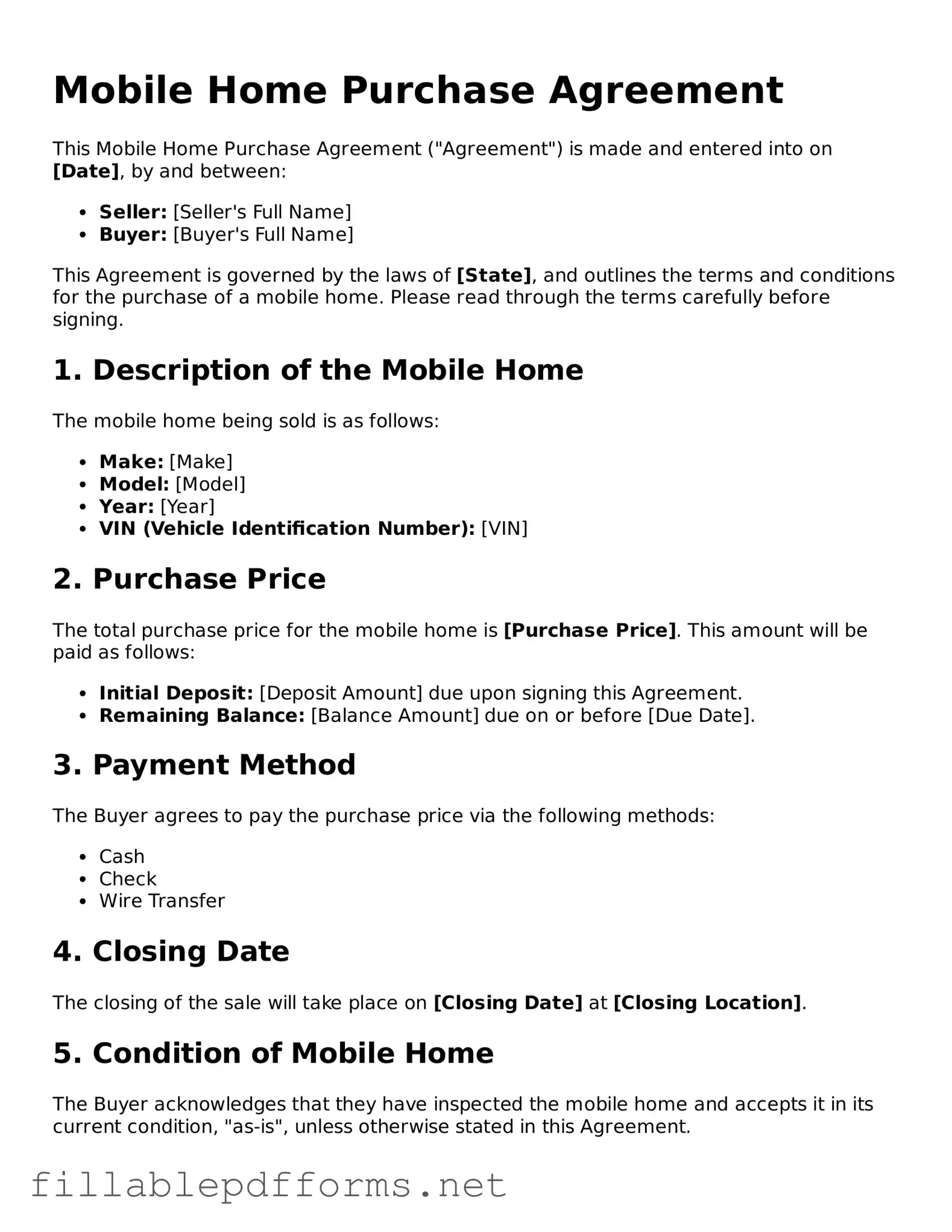 Blank Mobile Home Purchase Agreement Template