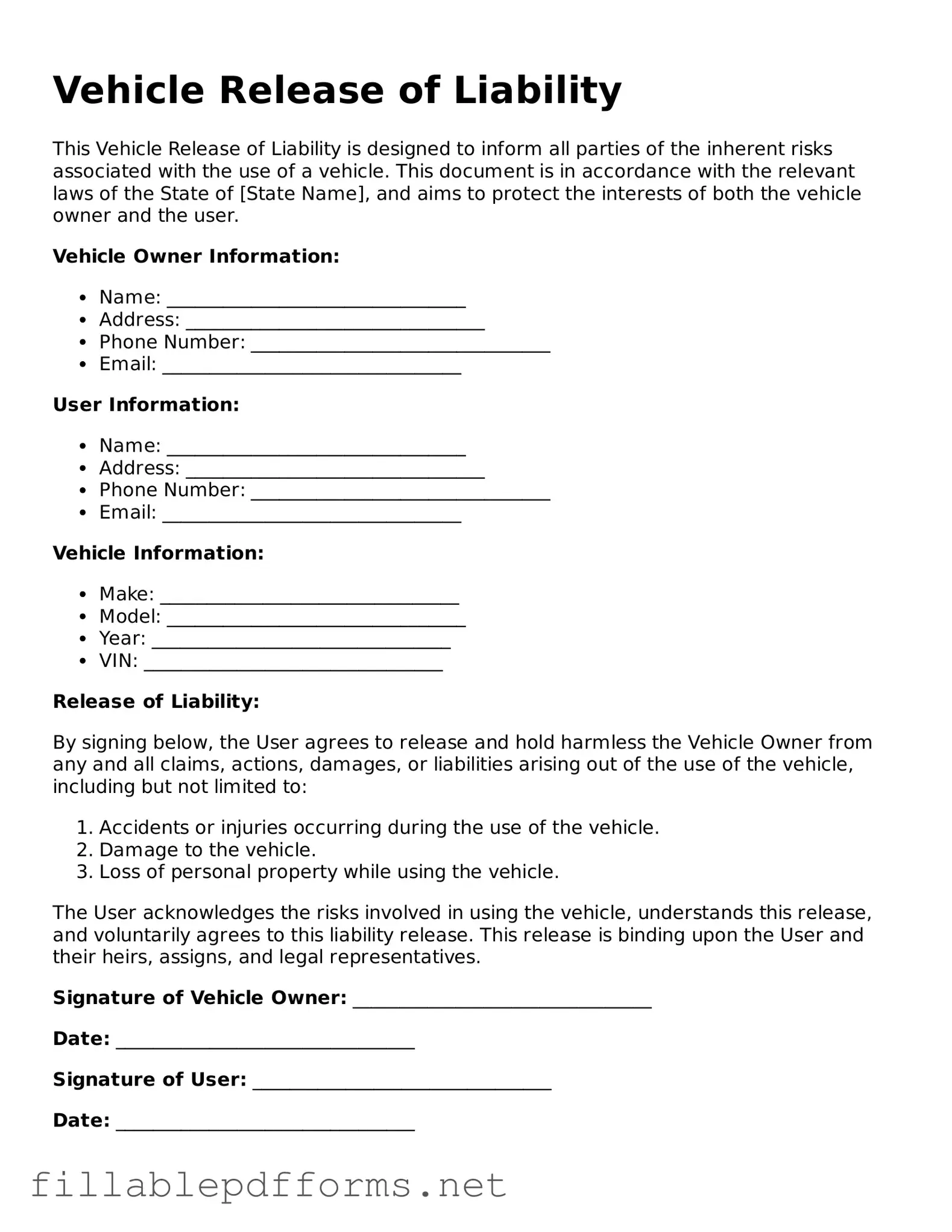 Blank Vehicle Release of Liability Template