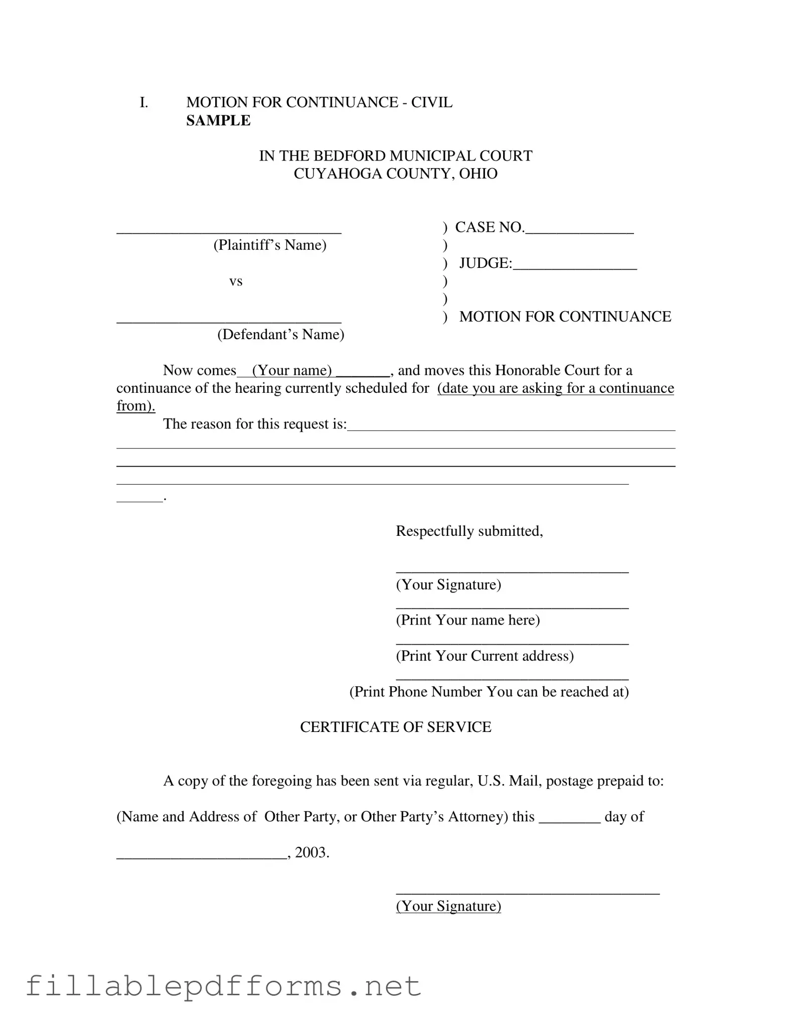 Motion For Continuance PDF Template