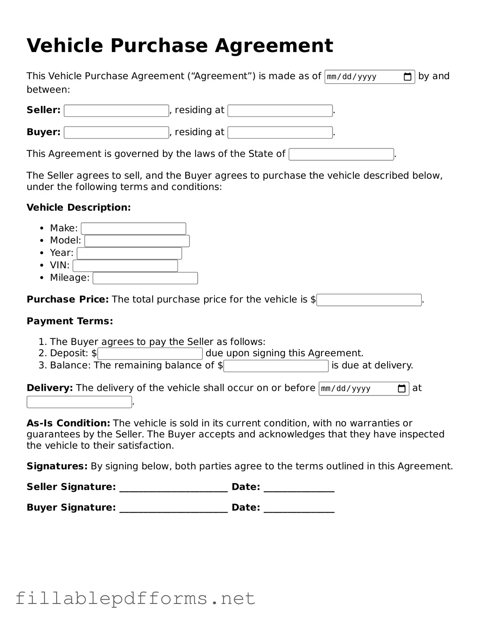 Blank Vehicle Purchase Agreement Template