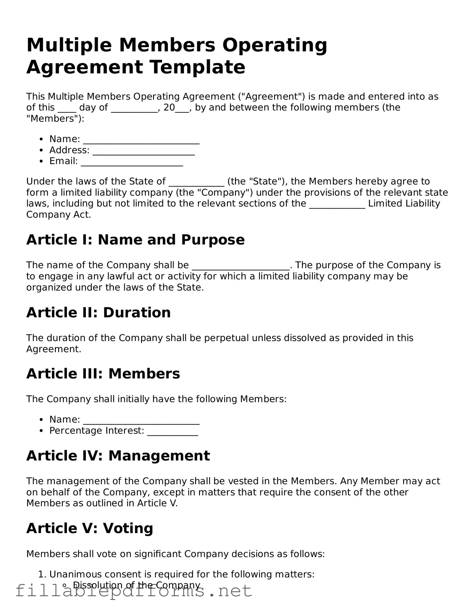 Blank Multiple Members Operating Agreement Template