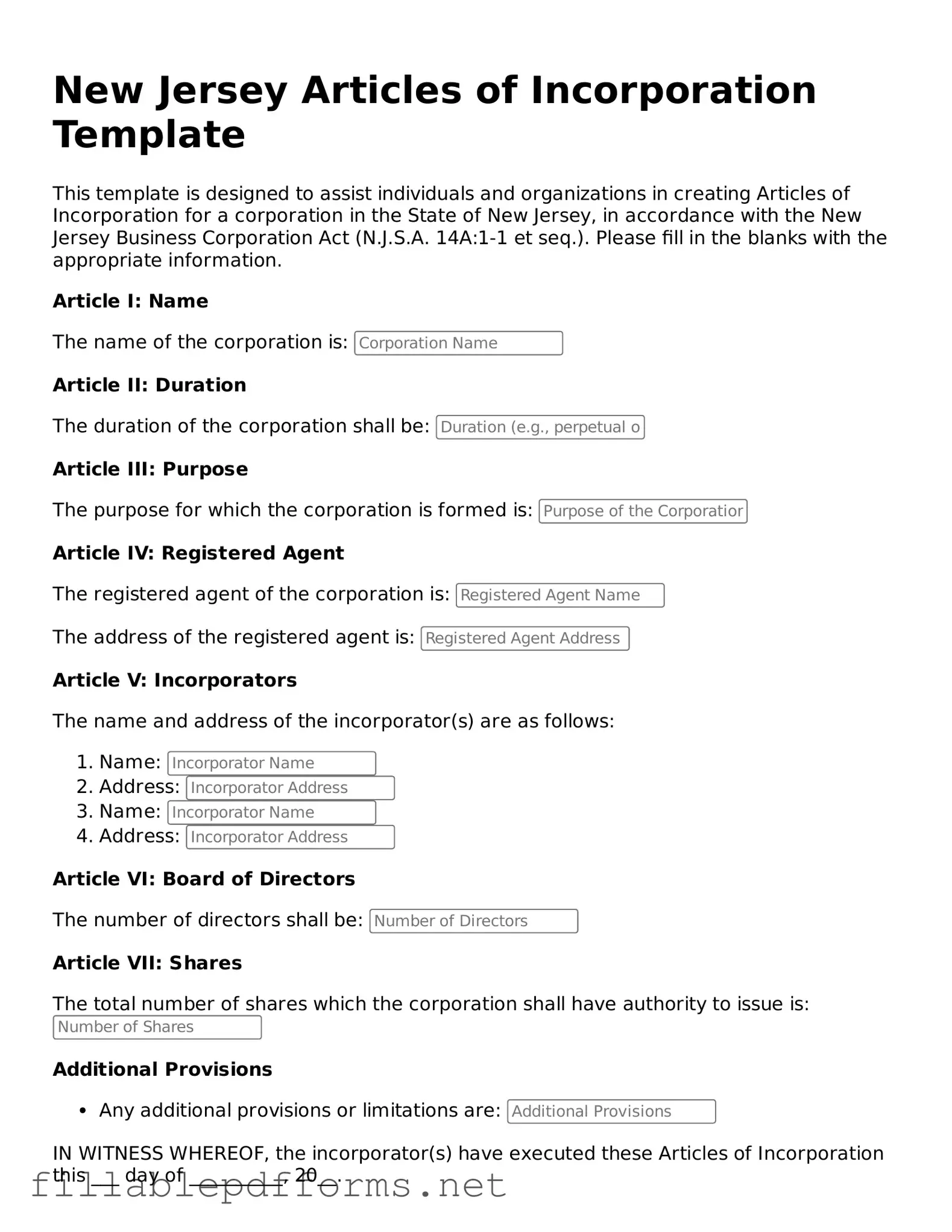 Attorney-Verified Articles of Incorporation Form for New Jersey State