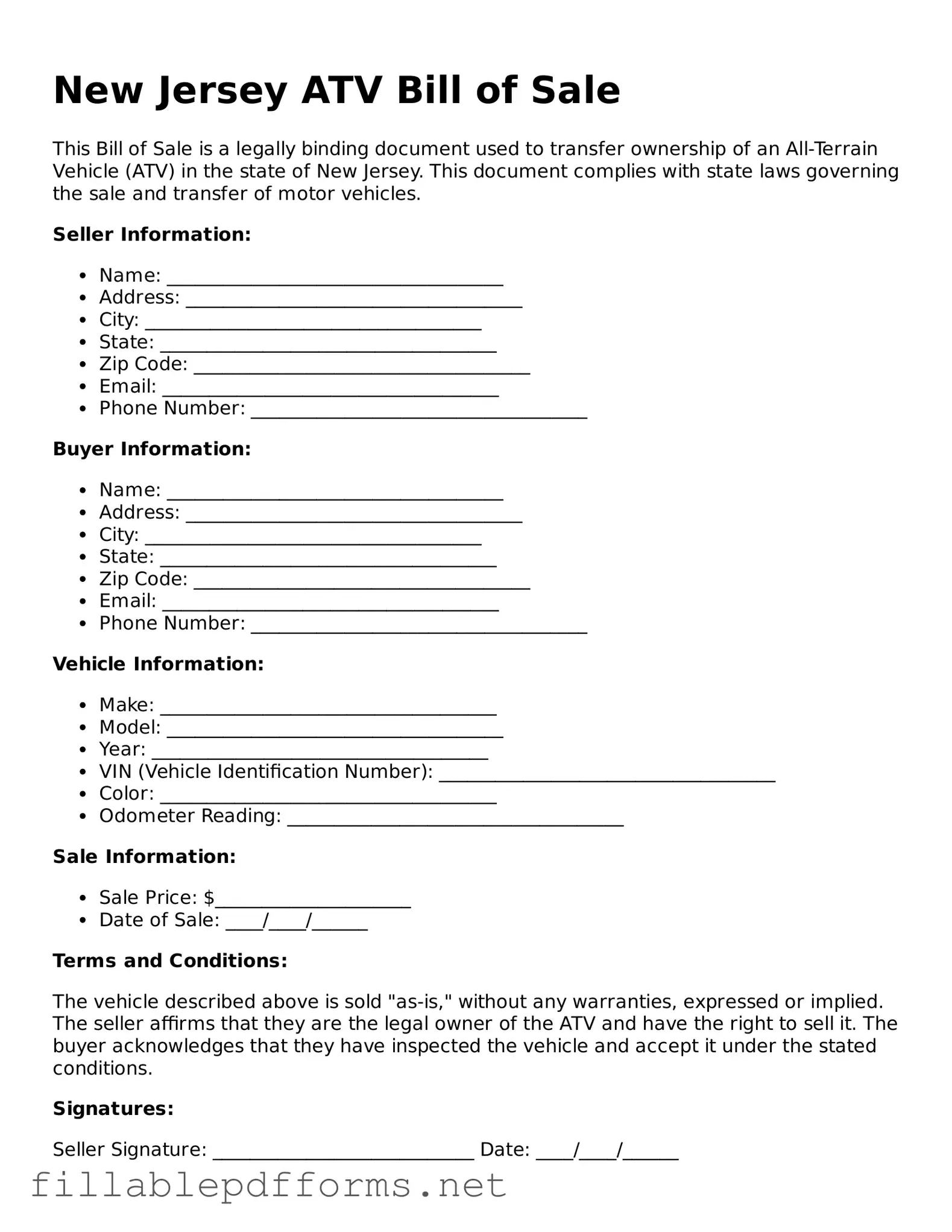 Attorney-Verified ATV Bill of Sale Form for New Jersey State