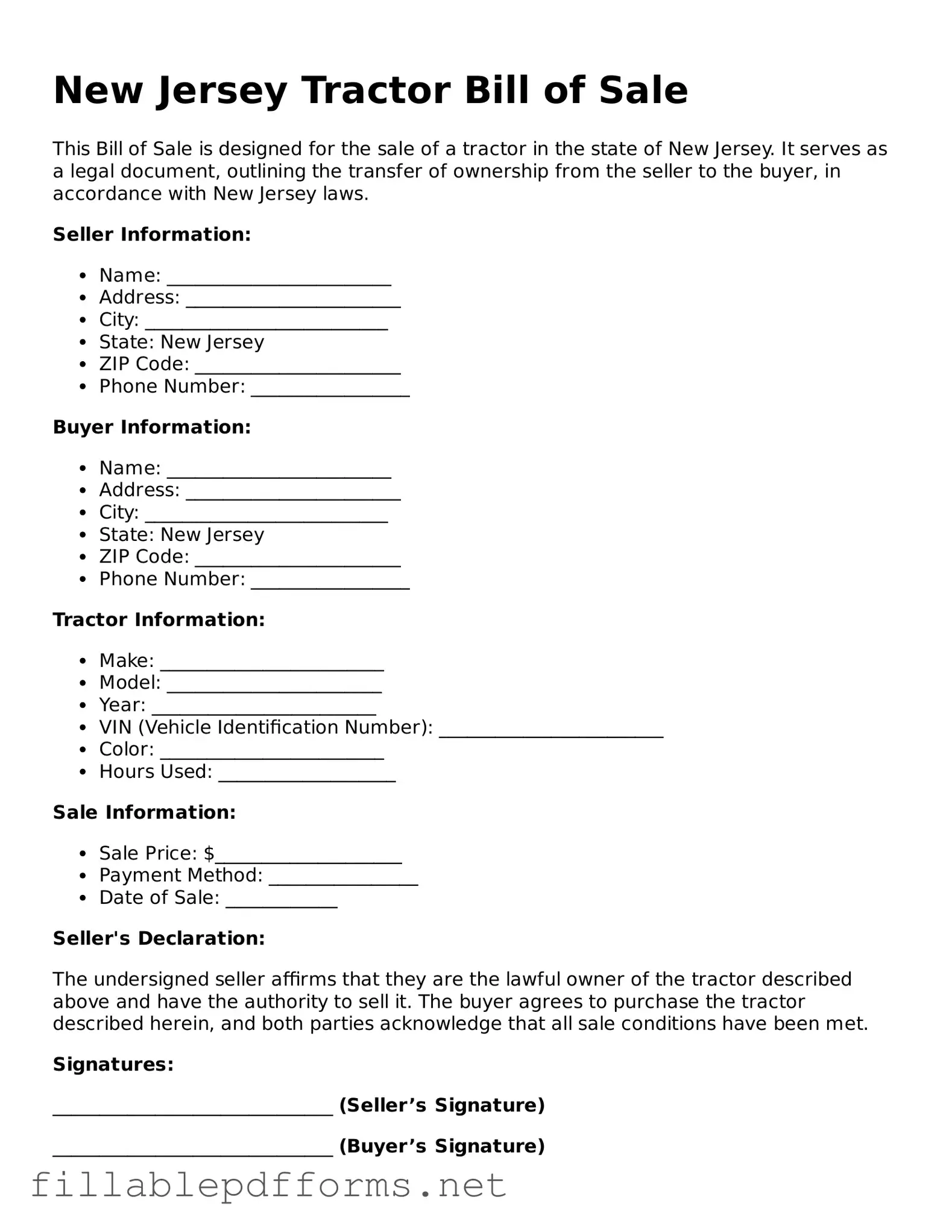 Attorney-Verified Tractor Bill of Sale Form for New Jersey State