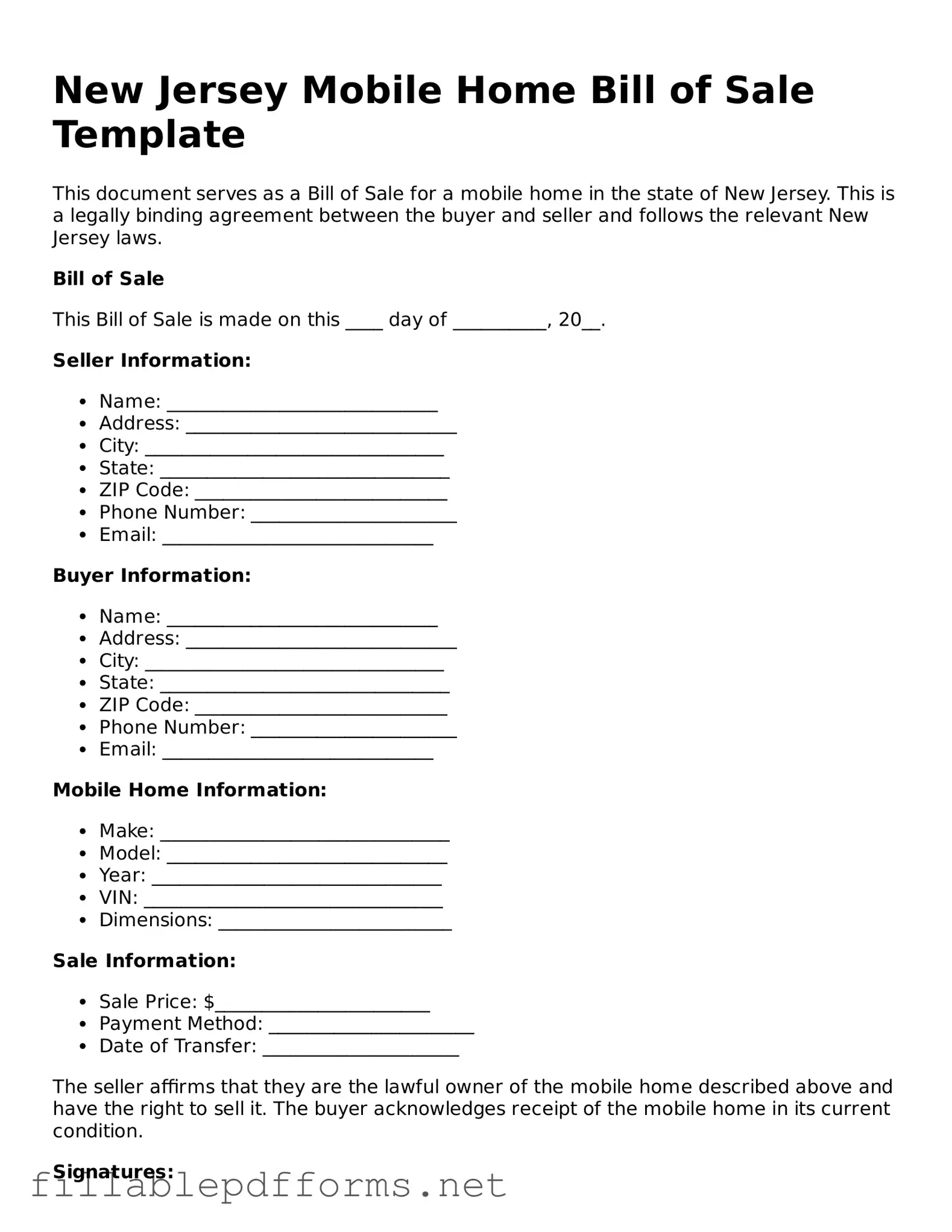 Attorney-Verified Mobile Home Bill of Sale Form for New Jersey State
