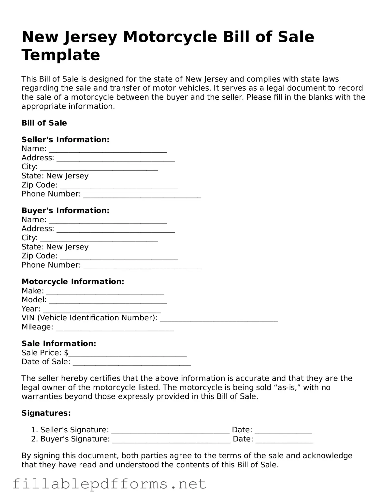 Attorney-Verified Motorcycle Bill of Sale Form for New Jersey State