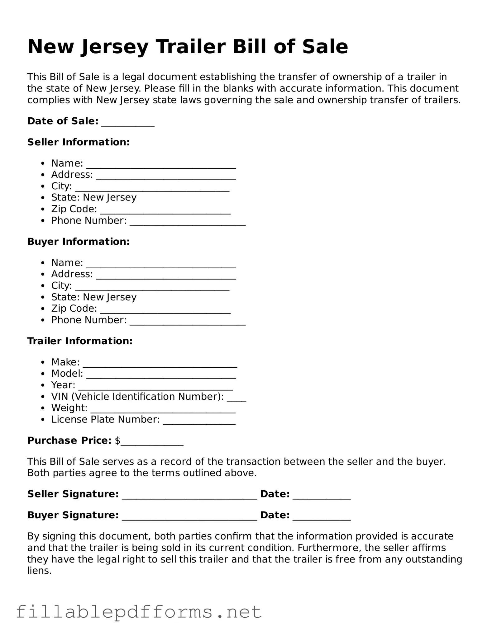 Attorney-Verified Trailer Bill of Sale Form for New Jersey State