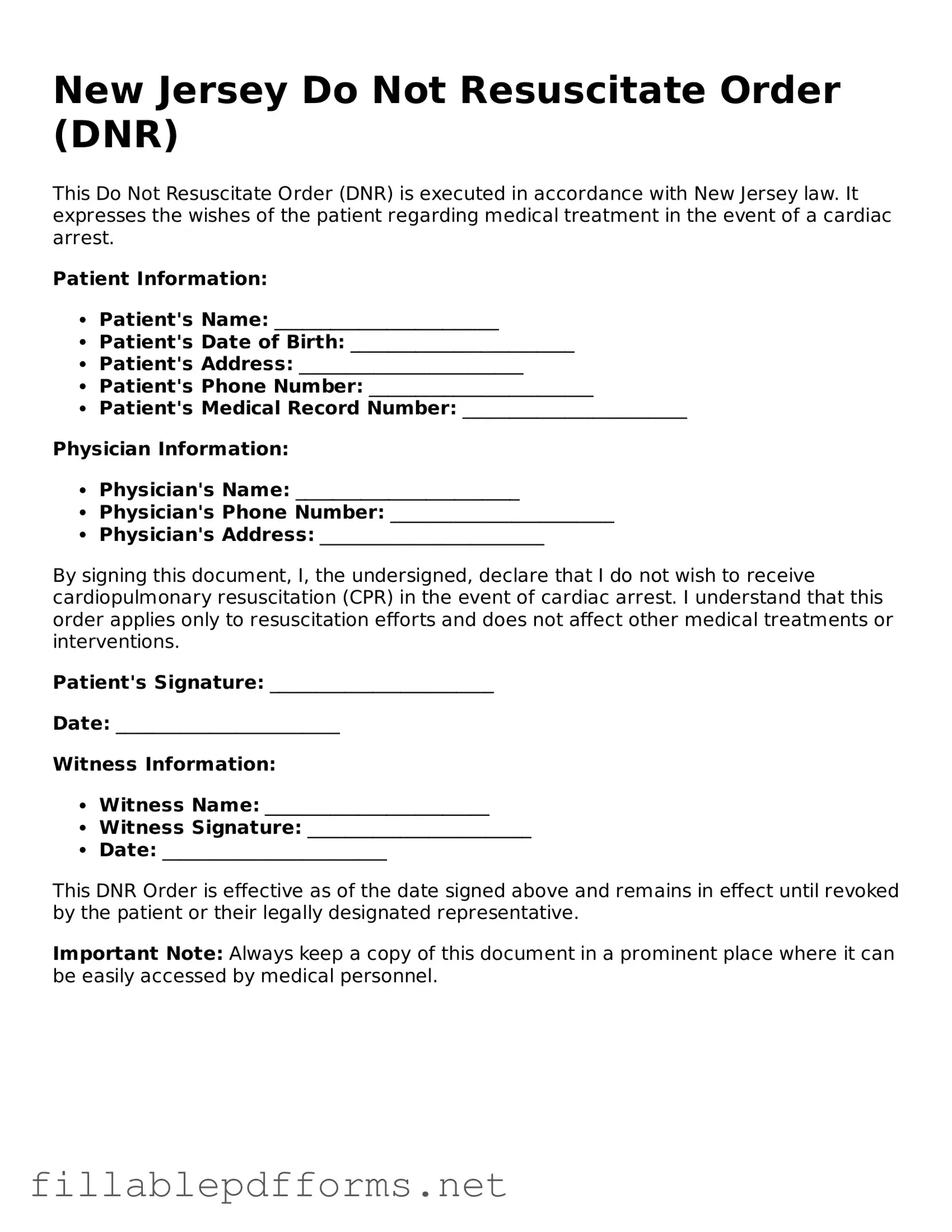 Attorney-Verified Do Not Resuscitate Order Form for New Jersey State