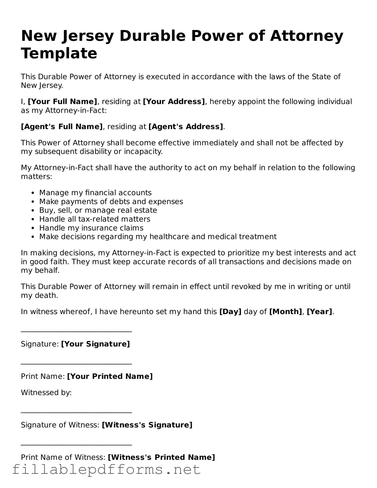 Attorney-Verified Durable Power of Attorney Form for New Jersey State