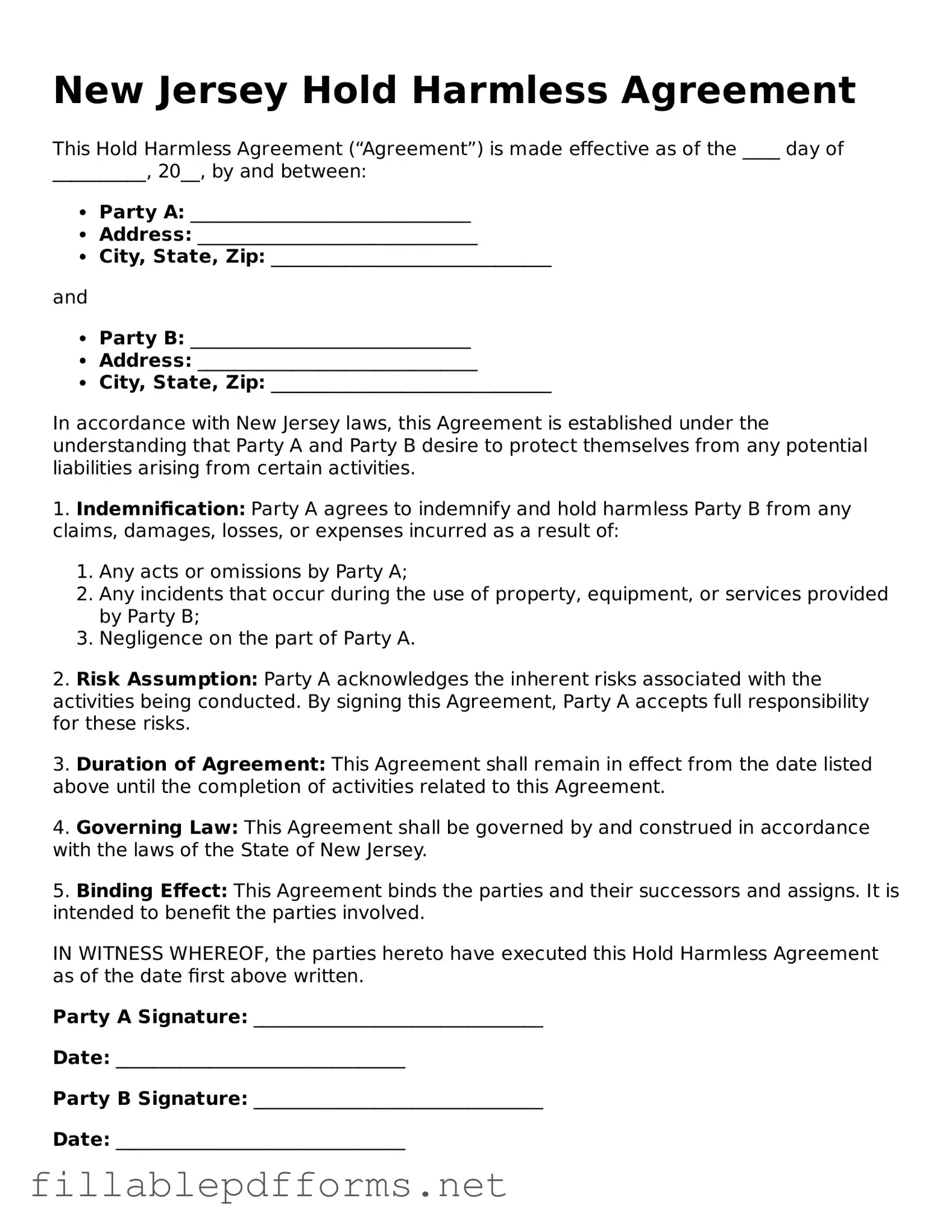 Attorney-Verified Hold Harmless Agreement Form for New Jersey State