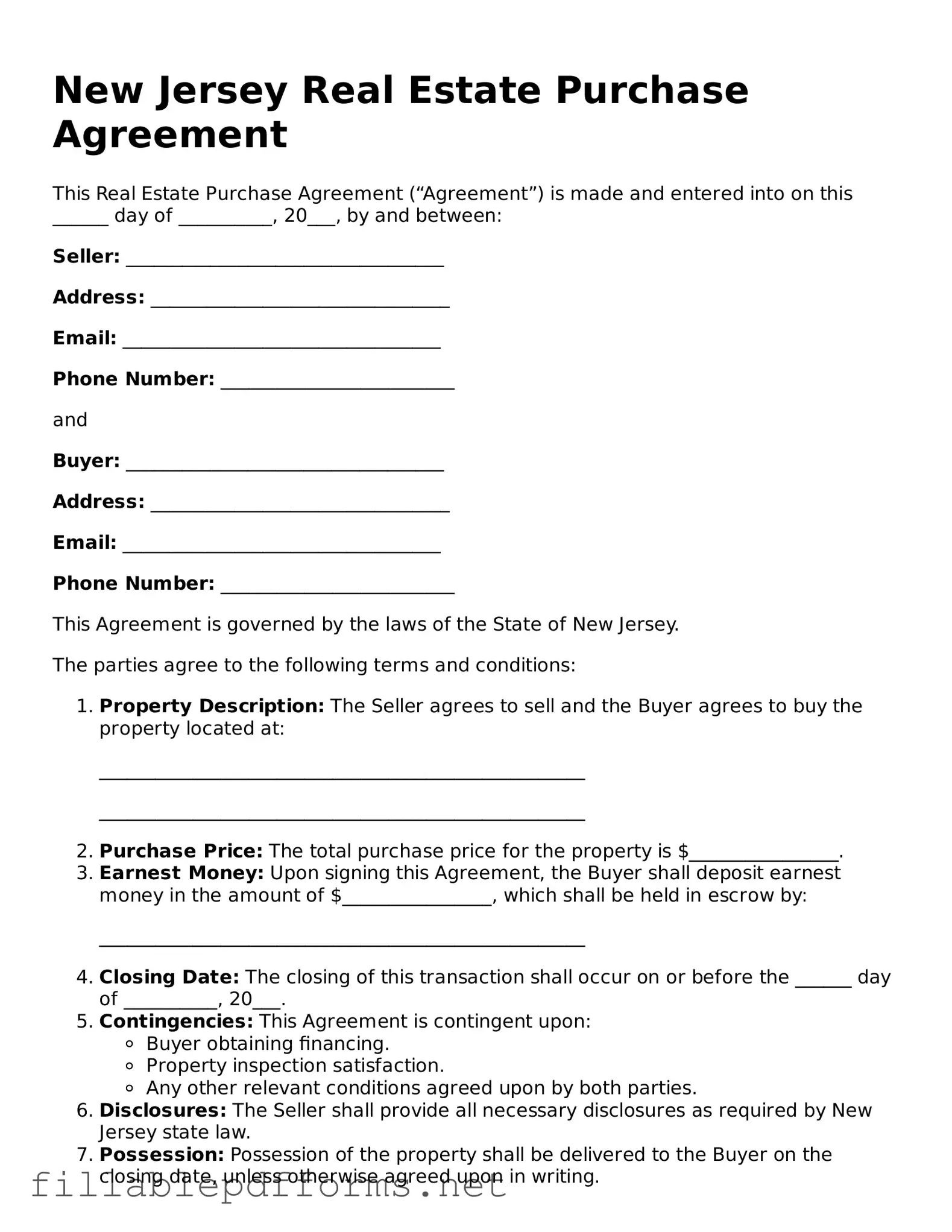 Attorney-Verified Real Estate Purchase Agreement Form for New Jersey State