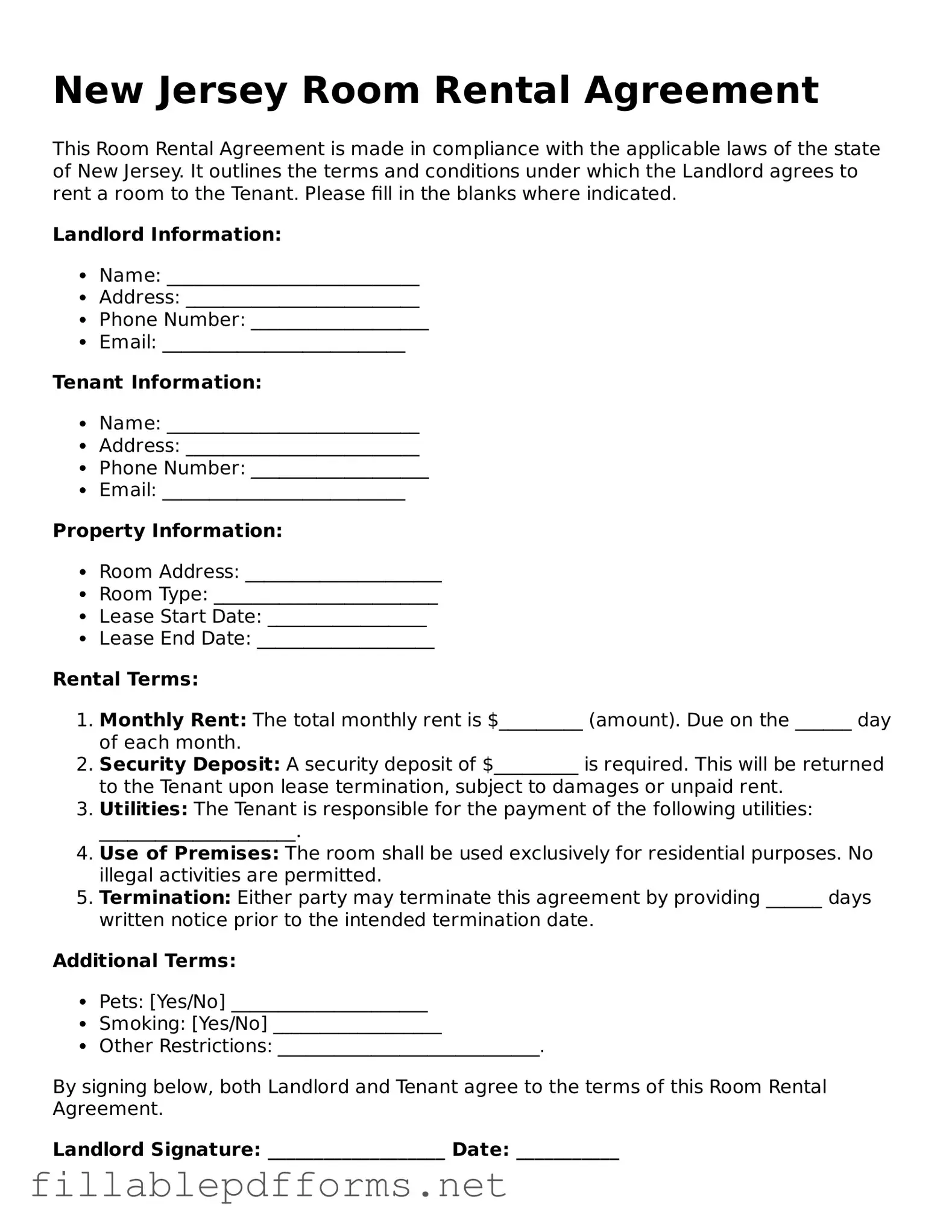 Attorney-Verified Room Rental Agreement Form for New Jersey State