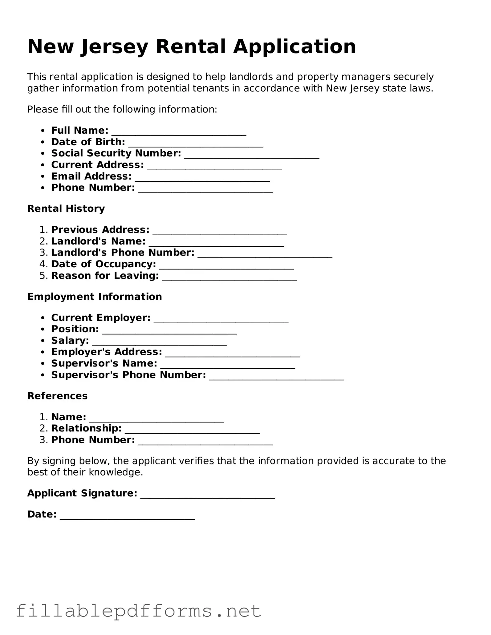 Attorney-Verified Rental Application Form for New Jersey State