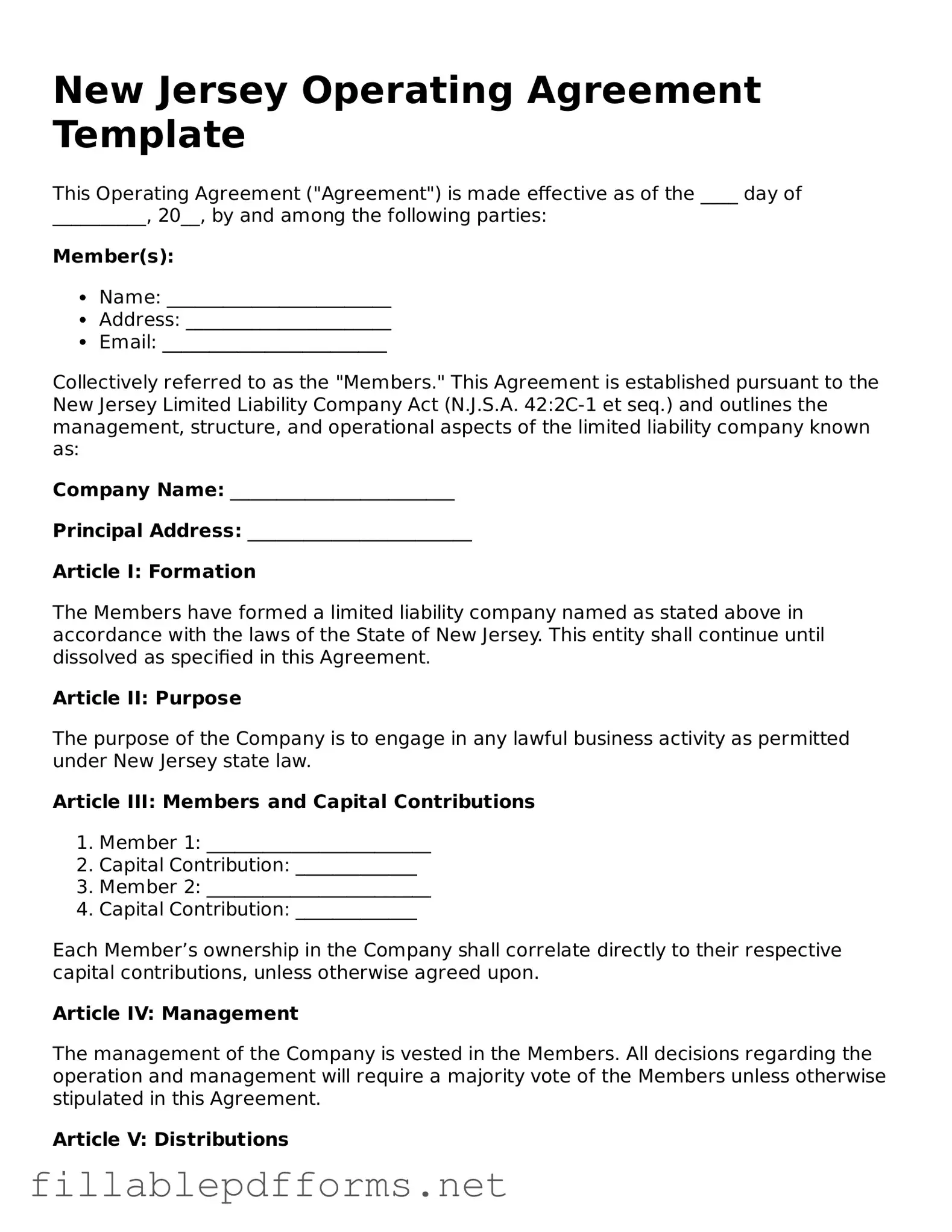 Attorney-Verified Operating Agreement Form for New Jersey State