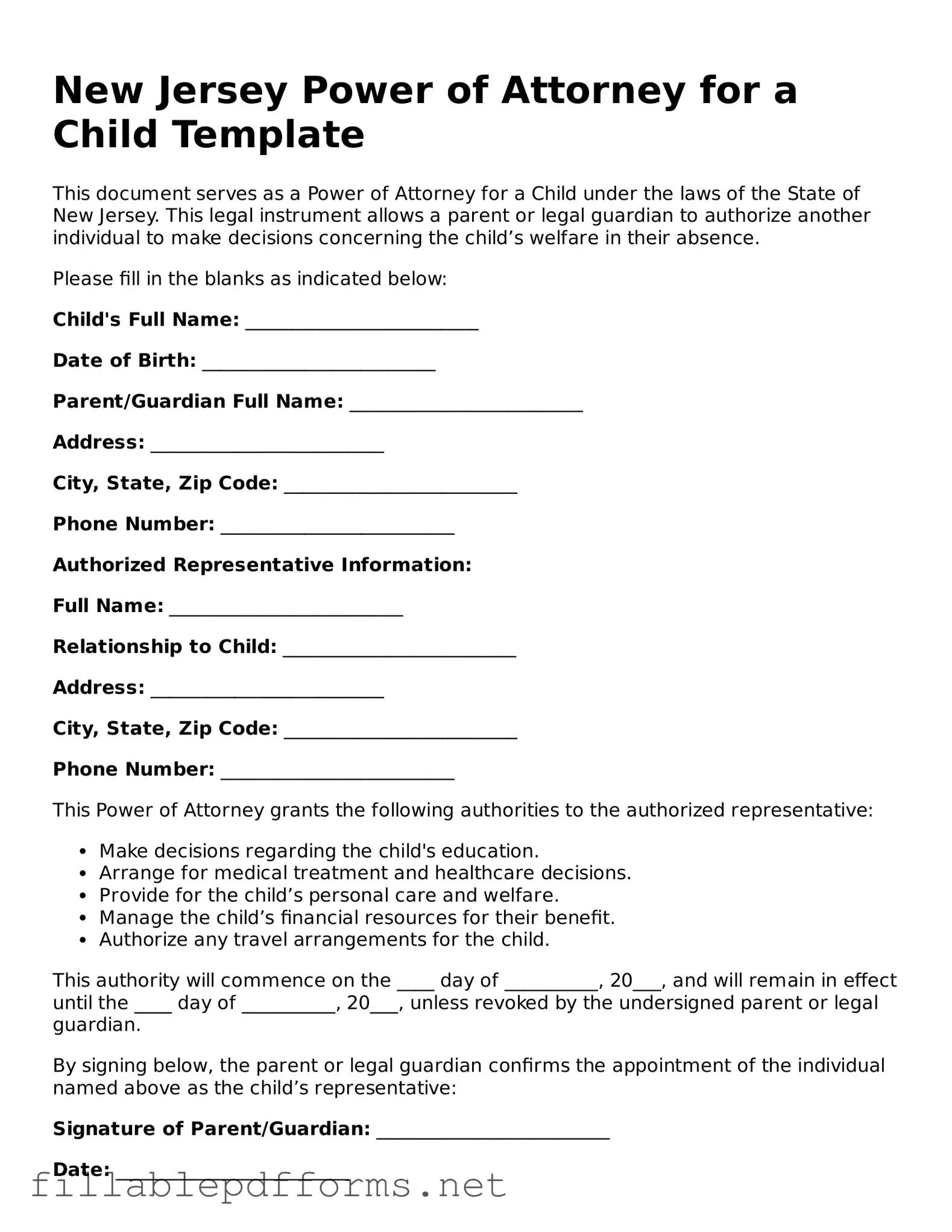 Attorney-Verified Power of Attorney for a Child Form for New Jersey State