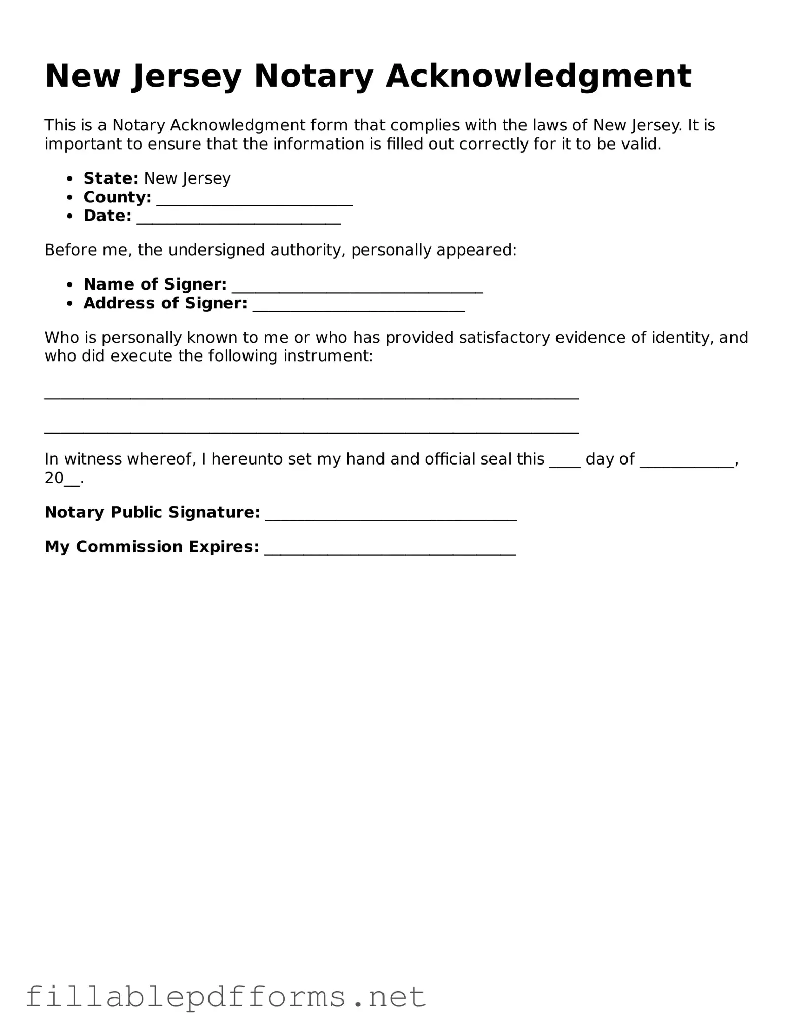 Attorney-Verified Notary Acknowledgement Form for New Jersey State