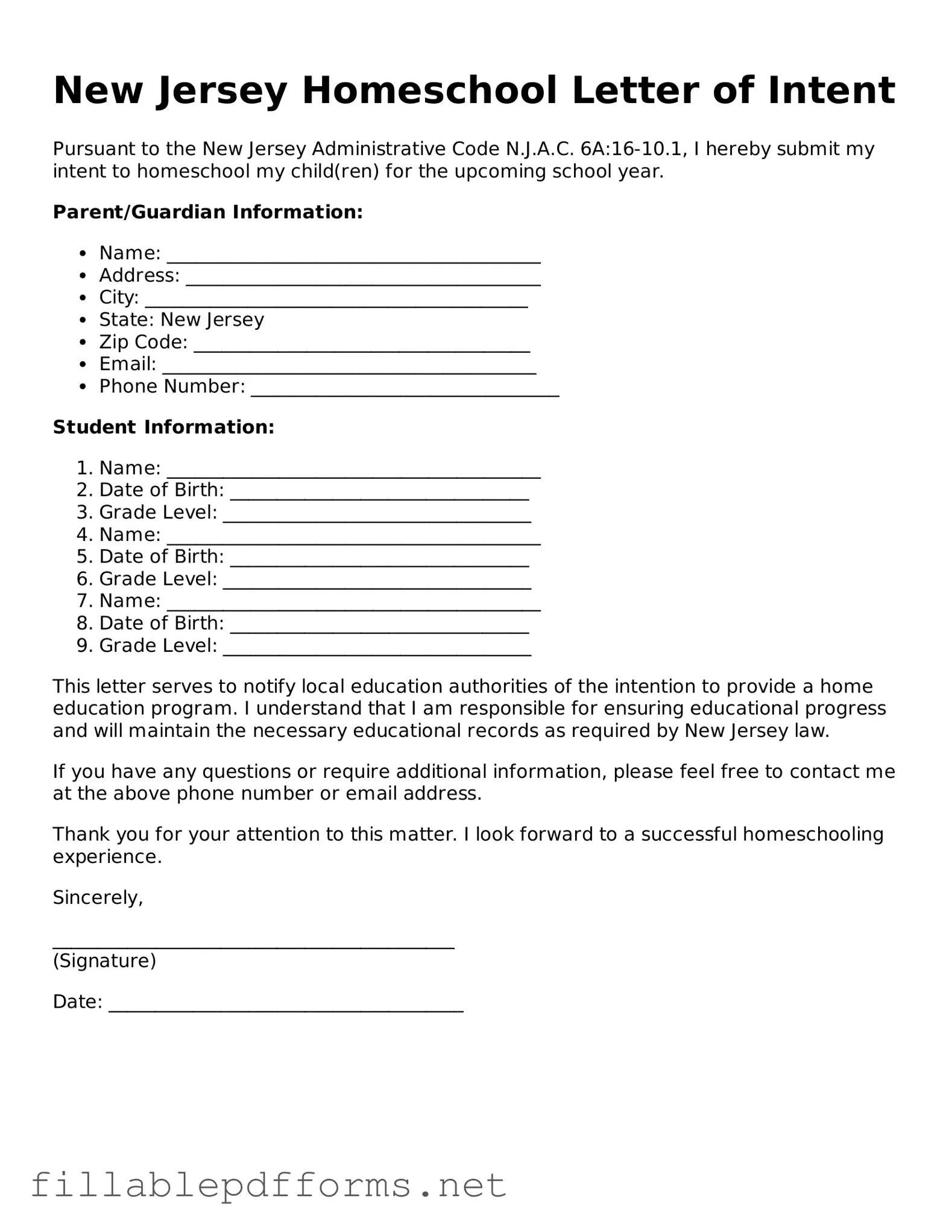 Attorney-Verified Homeschool Letter of Intent Form for New Jersey State
